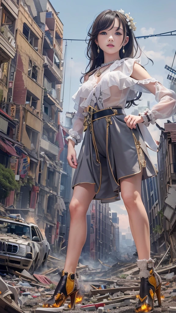 (16k, High resolution, highest quality, masterpiece, 超High resolution), ((Giantess Elements, From below)), Perfect dynamic composition:1.2, (Modern city at night), Highly detailed skin and facial textures:1.2, (Towering Giant Young Woman:1.0, taller than a skyscraper:1.0, 50,000 feet high:1.0, Incredibly slim body:1.0), Trampling pose, smile, Fair skin, Sexy beauty, Very beautiful face, (近づいてくる女性をFrom below見上げる), (Wide leg jumpsuit), Shapely breasts, Chest gap, Big eyes that exude beautiful eroticism, Lips that exude beautiful eroticism, necklace, Earrings, bracelet, wedding ring, Shoulder bag, clock, ribbon, Full body portrait, ((Destroy a small town, rubble, Burning Small Town, Destroyed small building, Collapsed highway, Cars are crushed, Evacuated residents)), (Big impact, Draw a woman in a big way, Increase the destructive element, Making cities smaller)