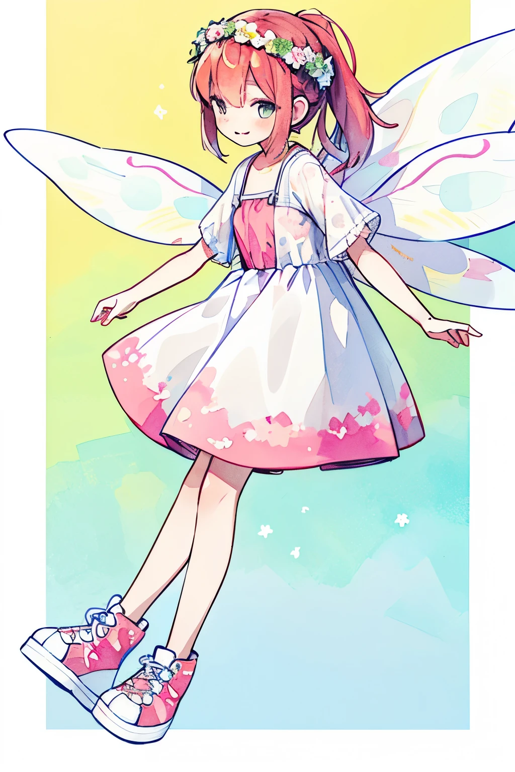 Realistic Lines、Ultra-high definition depiction、Pastel Watercolor、redhead, 1 girl, Four fairy wings on his back、summer👗、ハート型のsummer flowerwreath background:1.0、white, high ponytail、platform sneakers、smile、Up from the side