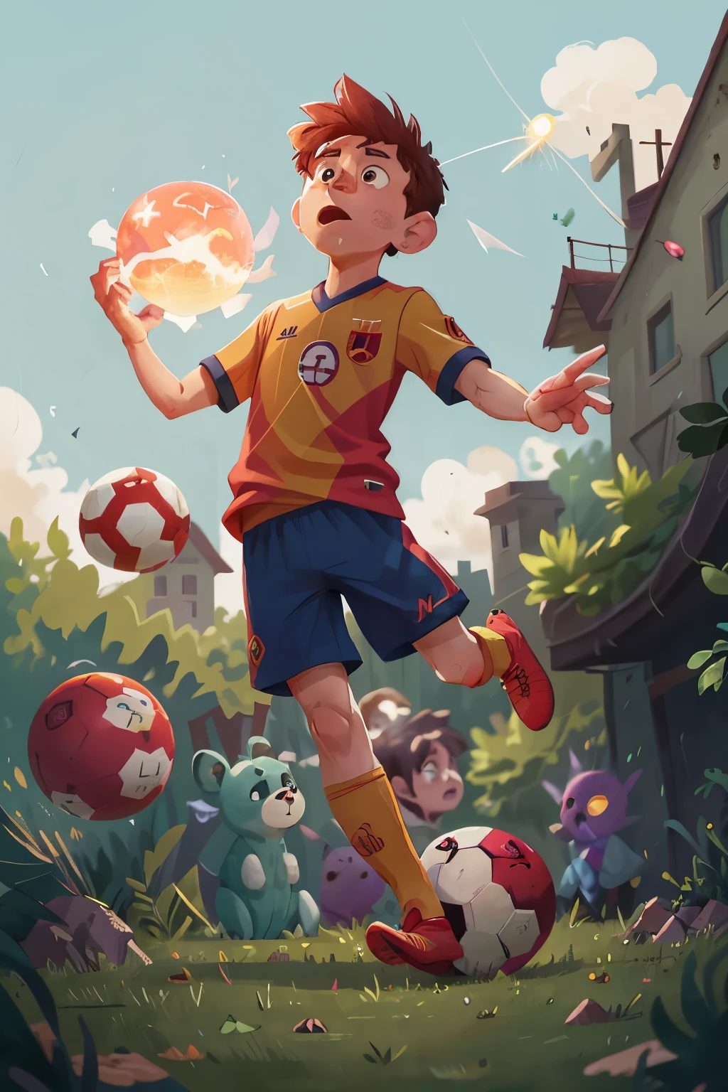 In an extraordinary and dreamlike scene, Lionel Messi is seen taking a free kick in mid-air, defying the laws of gravity. With an ethereal expression on his face, Messi focuses intently on the surreal ball suspended above the pitch, its fiery aura casting an illuminated glow across the darkened stadium. A hush falls over the ghostly crowd as they bear witness to this otherworldly moment, their faces etched with awe and wonder. The fiery ball waits patiently, as if waiting for the perfect touch from the magician's foot, the anticipation building with each passing second. Eyes fixated on the ball, Messi leans back slightly,