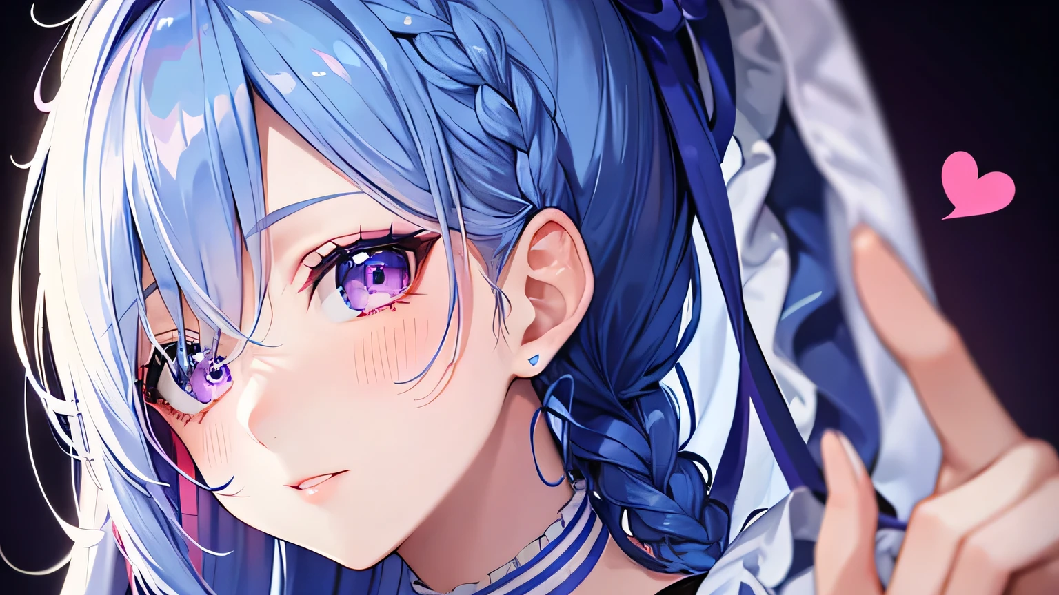 Blue hair, braided ponytail, magenta eyes, fair skin,1 girl,very detailed beautiful face and eyes,Ahegao,cute eyes,white dress,heart sign,looking up,high quality,
