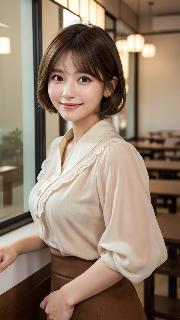 (highest quality,8K quality,masterpiece:1.3,),(超A high resolution:1.3,Photorealistic:1.4,Raw photo:1.2),(Ultra-detailed:1.2,Glowing Skin,Detailed skin:1.1),(Detailed face,Perfect Anatomy,Caustics:1.2),Inside the cafe,1 girl,cute,Japanese,22 years old,Japanese Ido,Natural brown hair,Curl short hair outward,cute目,Natural Makeup,blouse,skirt,Laughter,Looking at the camera,On the face,Face Focus,Professional Lighting,Natural soft light,