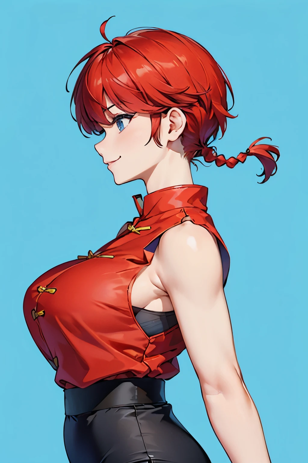 ((masterpiece)), high quality, very_high_resolution, large_filesize, full color, heavy outline, clear outline, colorful, (beautiful detailed eyes), (beautiful face:1.3), (boyish face:1.3), 1 girl, (femaleranma), (red hair), short hair, (braided ponytail), ((bangs)), bumpy bangs, blue-gray eyes, big breasts, curvy, black-wristbands, femaleranma, braided ponytail, chinese clothes, sleeveless, tangzhuang, black pants, cameltoe, standing, upper body, ((from side:1.4)), smile,
