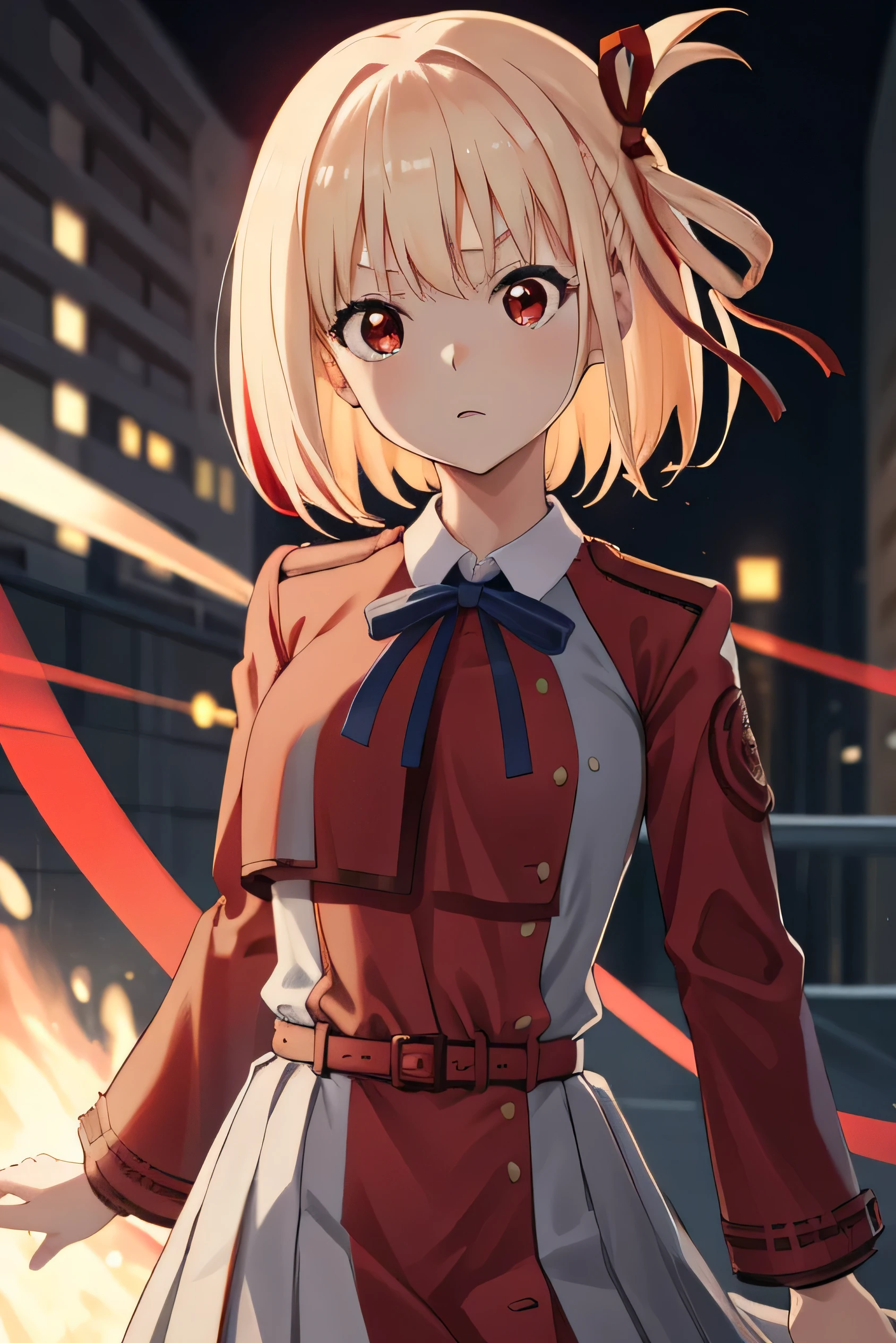 chisatonishikigi, nishikigi chisato, short hair, bangs, Blonde, (Red eyes:1.5), hair ribbon, One side up, Bobcut,
break shirt, Long sleeve, dress, ribbon, White shirt, Collared shirt, belt, neck ribbon, red dress, blue ribbon, pleated dress, grey dress, two-tone dress, red belt, Uniform sake,,
break outdoors, city,
break looking at viewer, break (masterpiece:1.2), highest quality, High resolution, unity 8k wallpaper, (figure:0.8), (Beautiful fine details:1.6), Highly detailed face, Perfect lighting, Highly detailed CG, (Perfect hands, Perfect Anatomy),Skirt Hold, White panties,
