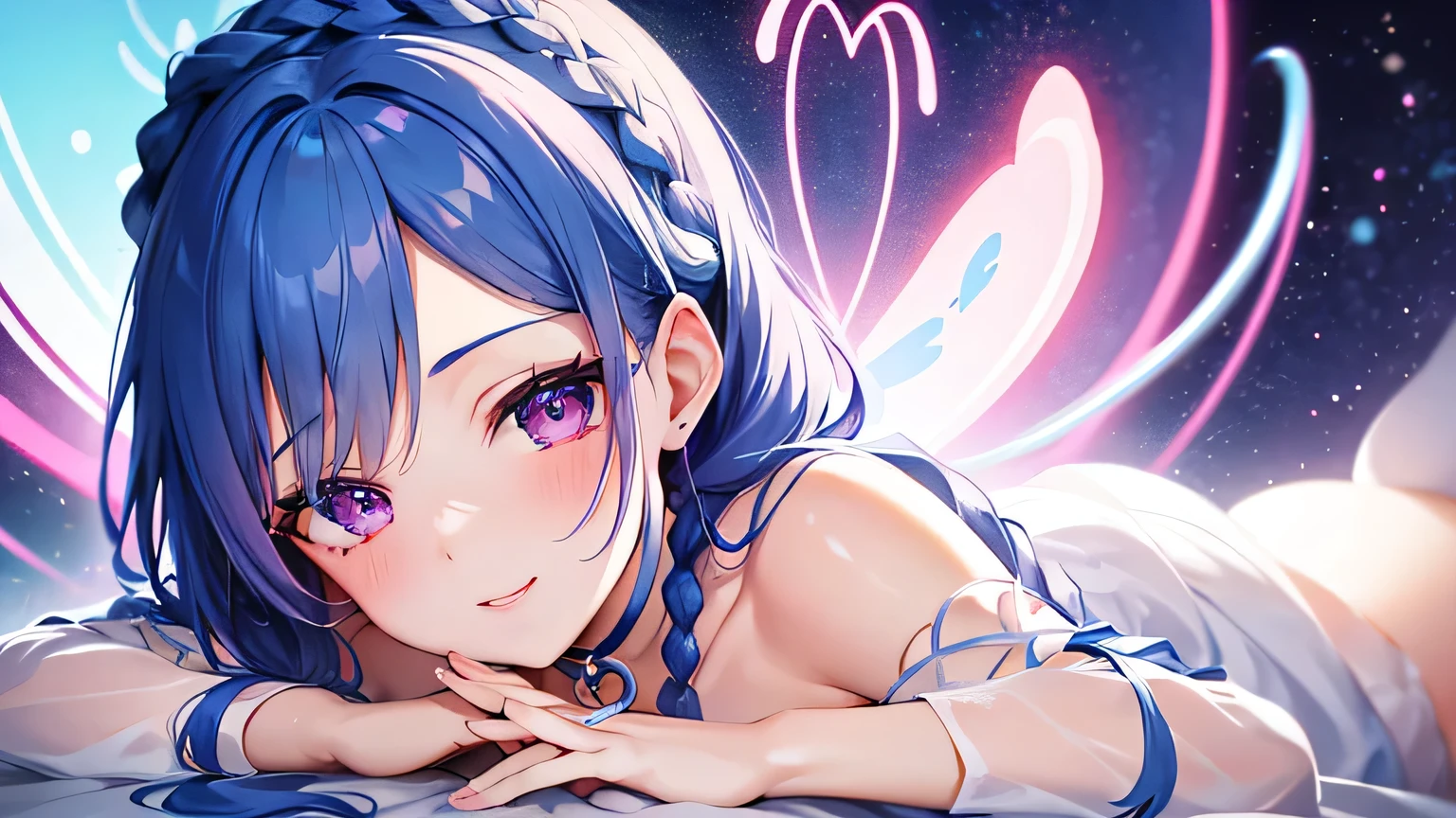 Blue hair, braided ponytail, magenta eyes, fair skin,1 girl,very detailed beautiful face and eyes,Ahegao,cute eyes,white dress,heart sign,looking up,high quality,