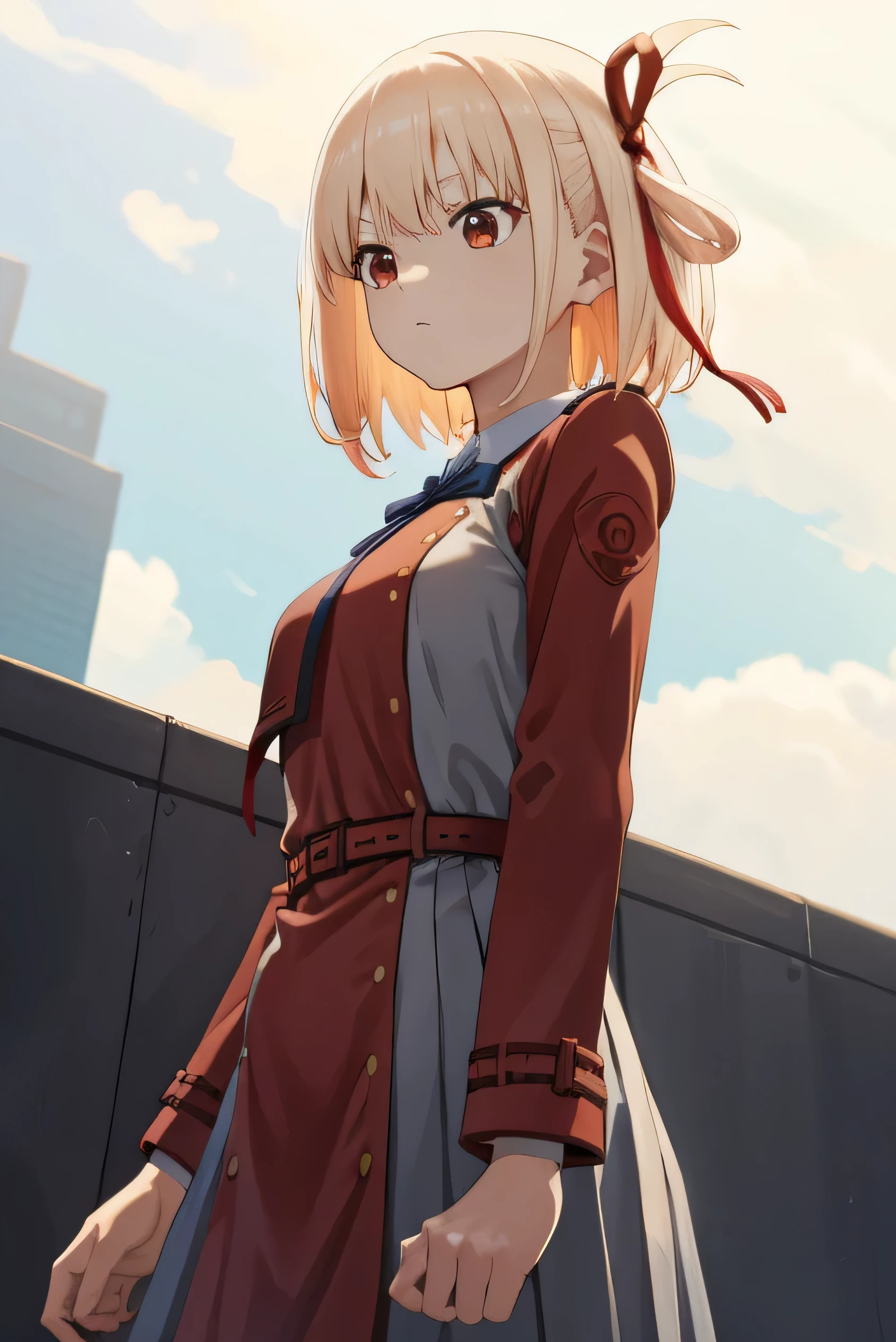 chisatonishikigi, nishikigi chisato, short hair, bangs, Blonde, (Red eyes:1.5), hair ribbon, One side up, Bobcut,
break shirt, Long sleeve, dress, ribbon, White shirt, Collared shirt, belt, neck ribbon, red dress, blue ribbon, pleated dress, grey dress, two-tone dress, red belt, Uniform sake,break outdoors, city,break looking at viewer, break (masterpiece:1.2), highest quality, High resolution, unity 8k wallpaper, (figure:0.8), (Beautiful fine details:1.6), Highly detailed face, Perfect lighting, Highly detailed CG, (Perfect hands, Perfect Anatomy),View your viewers, Center the image,(upper_body),Official Art, (From below:1.5), (Low Perspective:1.5),Skirt Hold, White panties, street ,