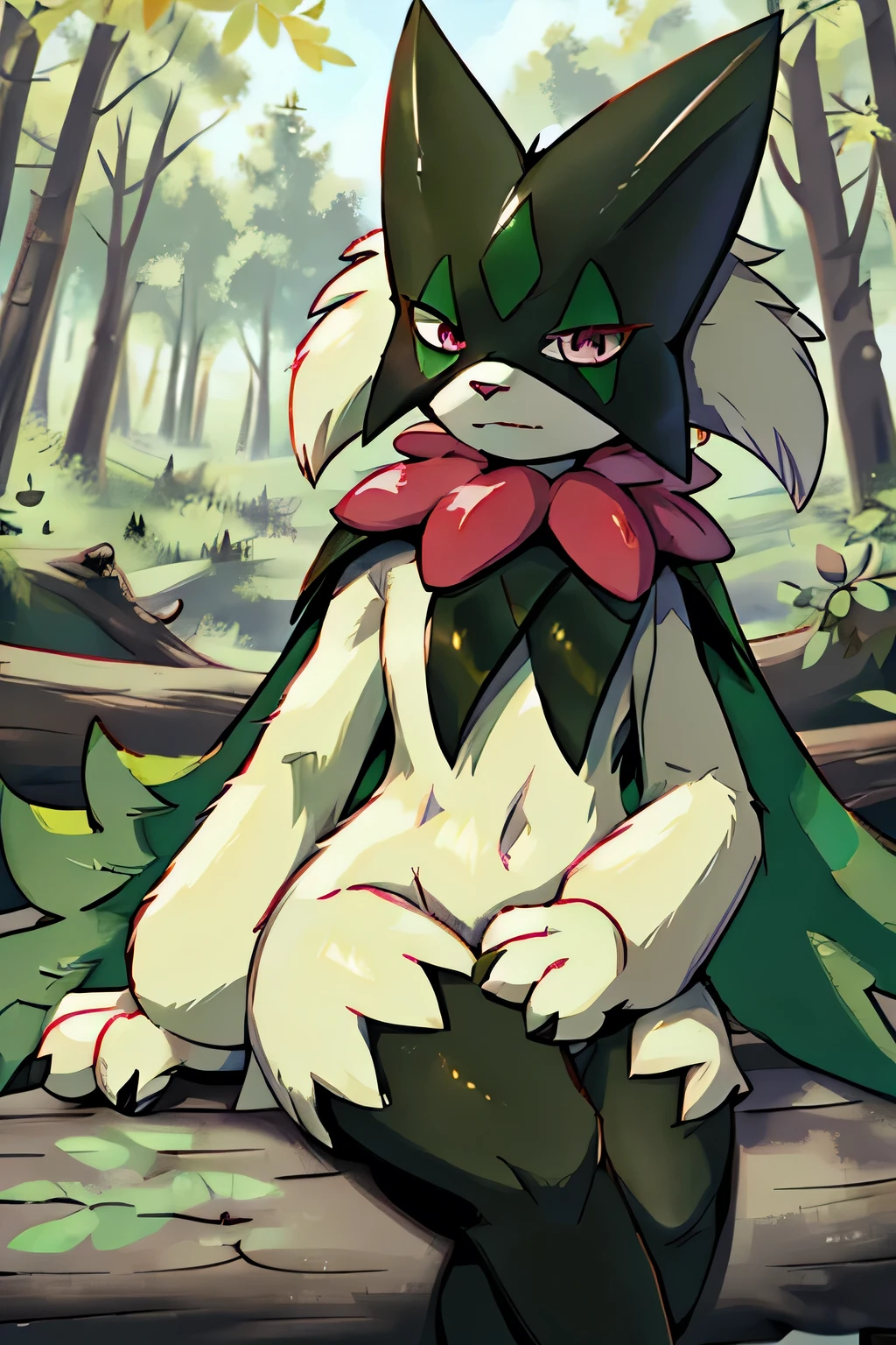 Masterpiece, Medium full shot Portrait, The best quality, the highest picture quality, Detailed, Meowscarada, Pokémon, short snout, detailed eyes, forest background, day, female, solo, sarcastic sitting on a log with leaves, looking down