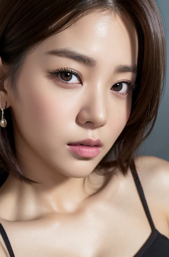 (masterpiece:1.3), (8k, Realistic, RAW Photos, Best image quality: 1.4), Japanese women、Around 50 years old、Cleavage:1、Highly detailed face、Attention to detail、double eyelid、Round Nose、Thick eyebrows、Thick lips、Chest to chest、Light brown hair、Short Hair、Sporty hair、Wearing earrings、highest quality、masterpiece、超A high resolution、(Realistic:1.4)、Highly detailed and professional dark room、sleepy、Shoulder out