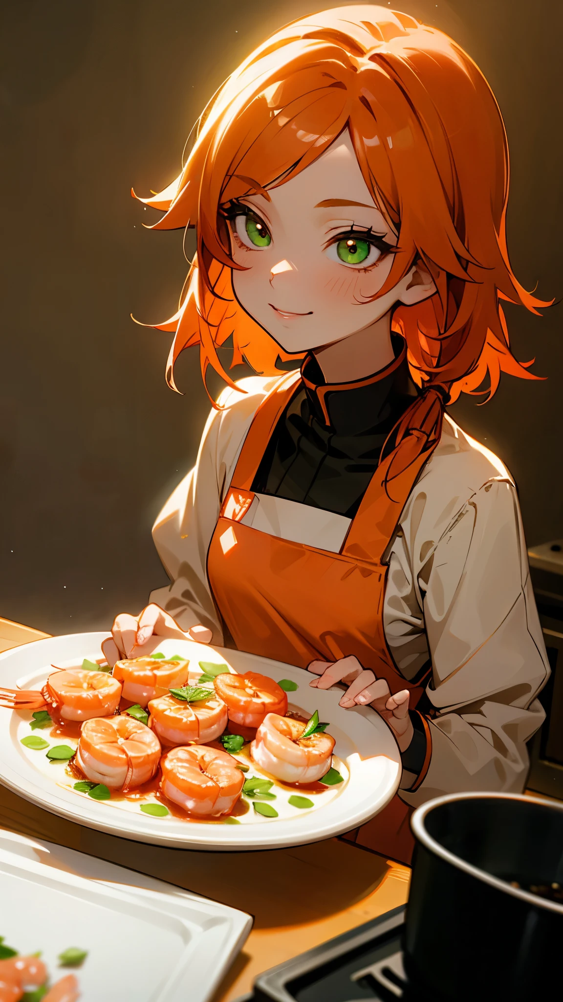 1 girl、alone、Orange Hair、Green Eyes、smile、Cooking in the kitchen、Cooking shrimp on a plate、Professional Lighting、Anime Style、Upper body close-up