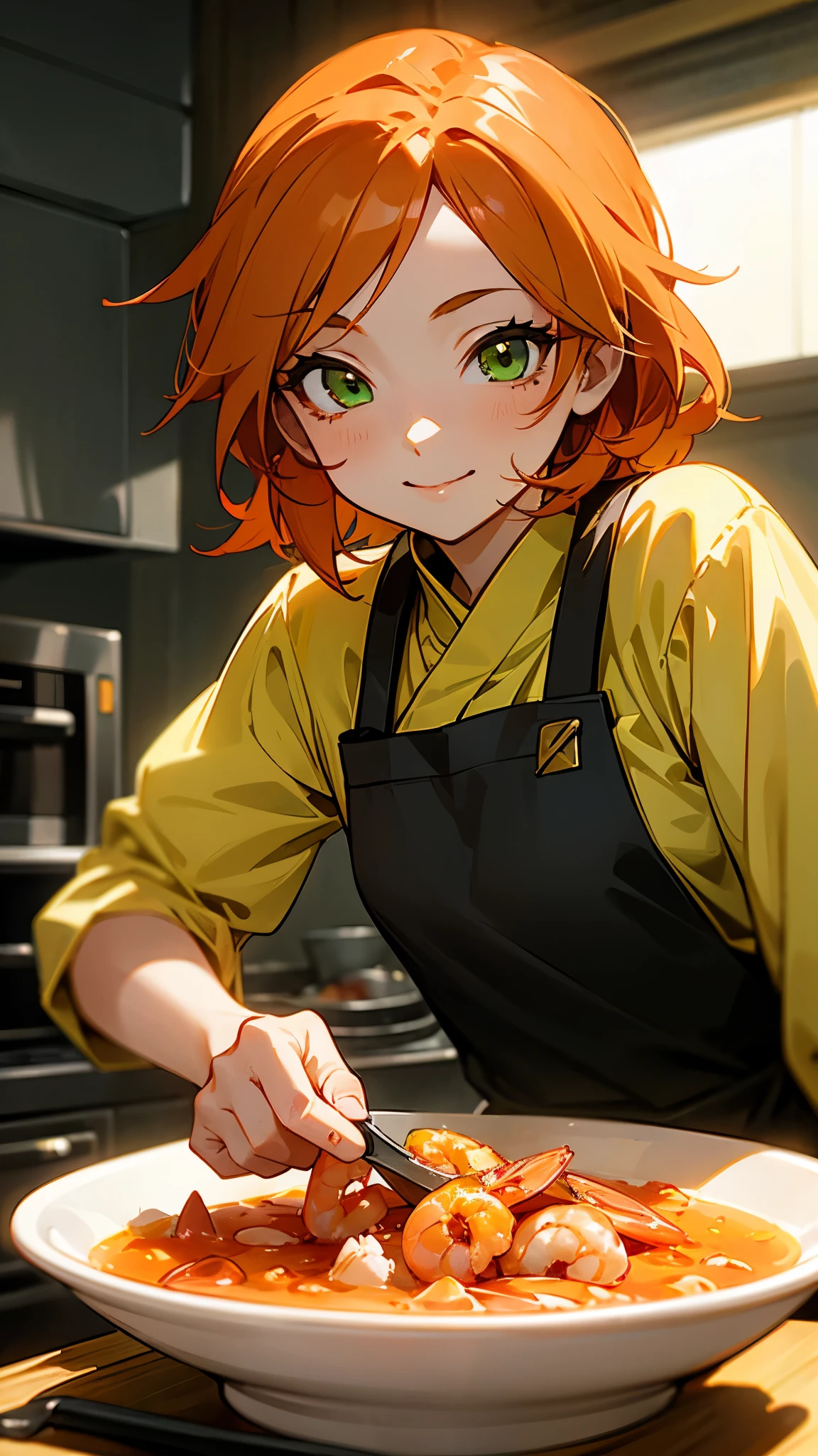 1 girl、alone、Orange Hair、Green Eyes、smile、Cooking in the kitchen、Cooking shrimp on a plate、Professional Lighting、Anime Style、Upper body close-up