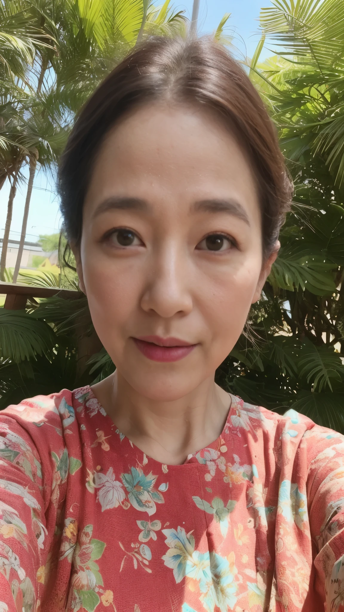 Masterpiece, Ultra HD, Ultra high definition, Perfect skin depiction, Perfect depiction of the human body, Perfect lip drawing, Perfect ear depiction, early summer clothes, Natural Hairstyle, Solo, Japanese, Late Elderly, 120 years old, Mature Woman, beautiful, erotic, Red lips, Flashy makeup, White skin, (Selfie style), (looking at the camera), (Looking into the camera), (Close-up of face),