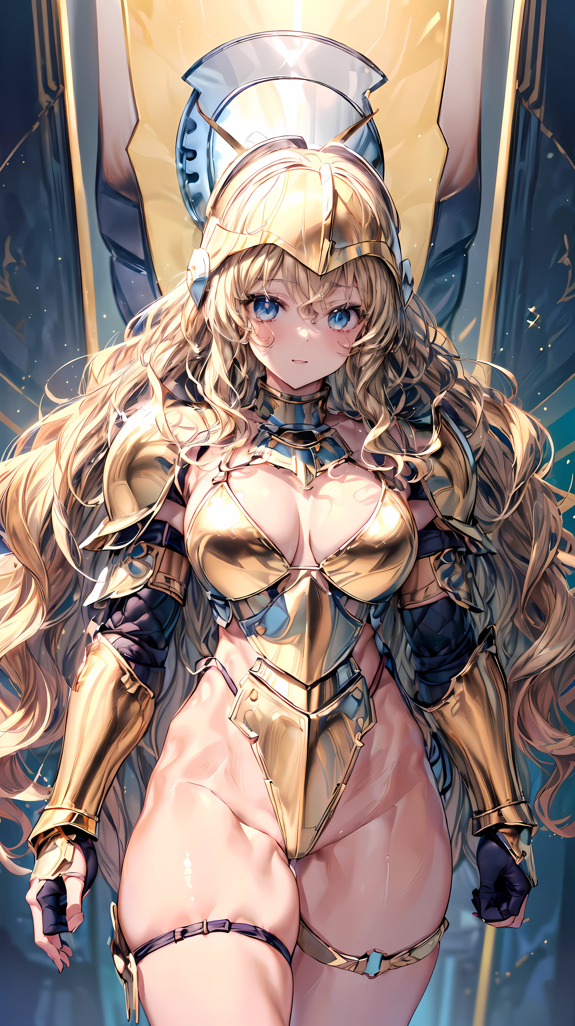 (Adult women:1.5)、Very detailed、highest quality、Best image quality、masterpiece、8k、Anime Face、A kind smile、Open your mouth、Sparkling blue eyes、(Blonde Wavy Hair:1.5)、、Muscles of the whole body、T-back thong、Thigh belt、(Wearing gold bikini armor:1.5)、(Cowboy Shot:1.5)、(Leg armor:1.5)、(Wearing a helmet:1.5)