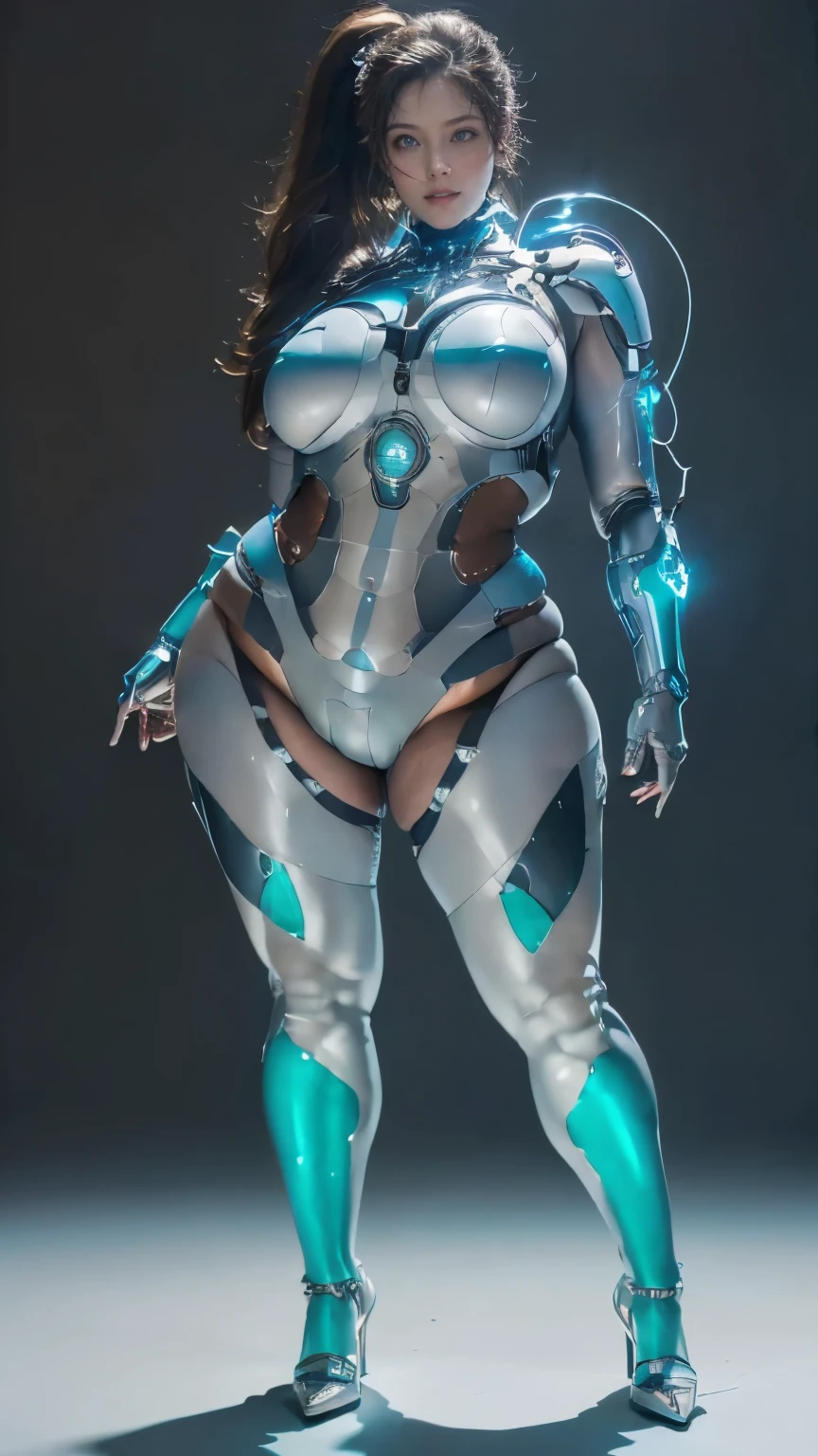 (highest quality、8k、32k、masterpiece、Ultra-high resolution:1.2、Perfect body beauty:1.2、Wearing a futuristic hero suit that glows pale blue and white:1.5、Cute 25 year old White woman、Big and ample breasts:1.5、Upper Body、front、Simple Background、Looking at the audience、Dynamic pose:1.8、sunlight、nswf:1.5 ((Light blue rubber suit)),((Huge slack)),((heavy body)),((Wide Hips)),((Thick body)),((Fat belly)),((Fat girl)),((Chubby)),((Big Size)),((White woman)),((Brown Hair)),((short hair)),((blue eyes)),((Full body portrait))、Long socks、I can't see my bare skin、High heels、Full body portrait、ponytail、Simple Background、Full body portrait、Full body portrait、High heels、Stand with your feet shoulder-width apart、One Woman、Simple white background、cyborg、Mechanical life forms、Full body portrait
