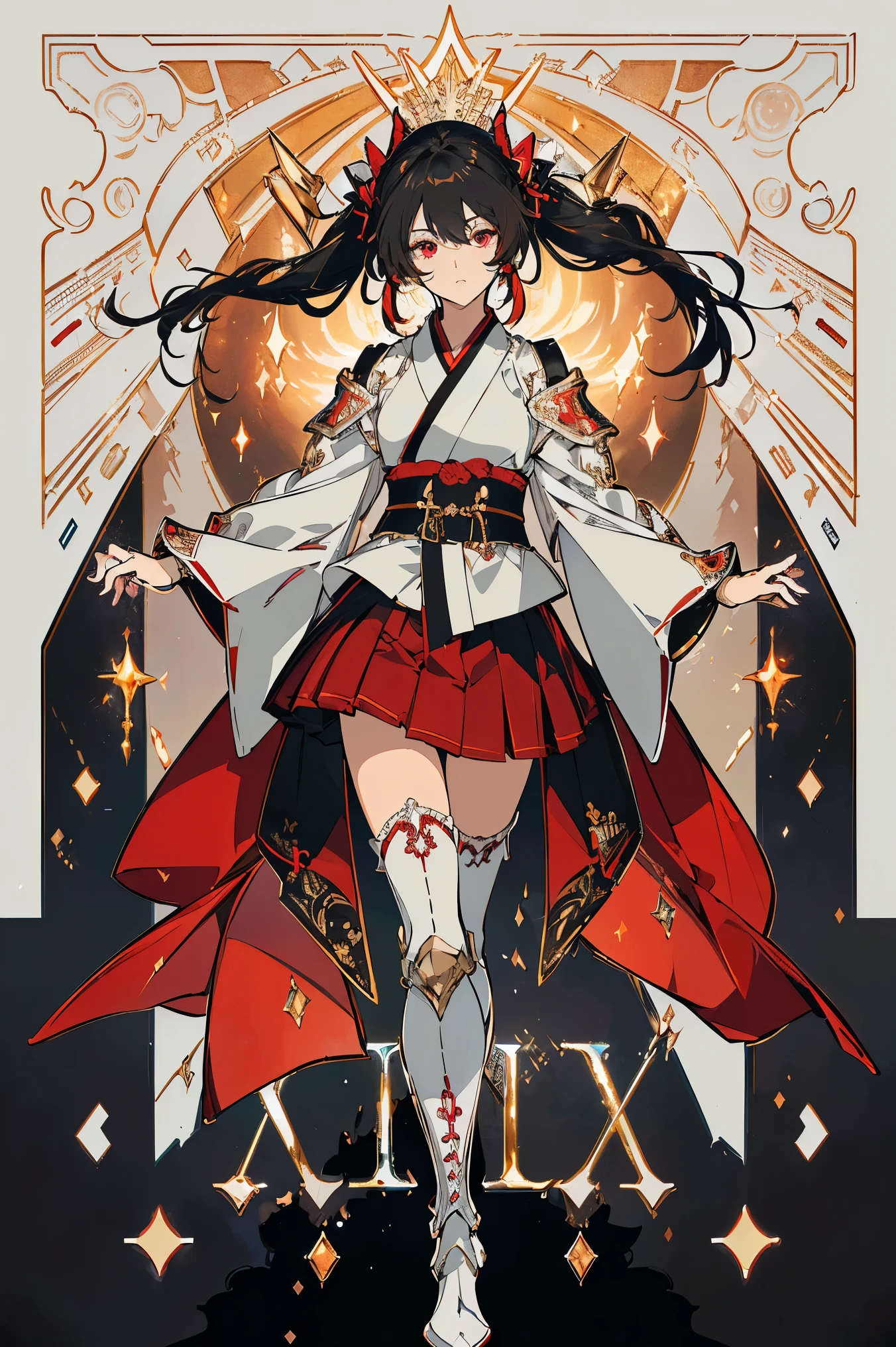 Anime, Girl, (((1girl))), (((Waifu, li meiling, li meiling Waifu))), (((Black Hair, twin bun hair style with pigtails)), ((Crimson Red Eyes eyes: 1.3, Upturned Eyes: 1, Perfect Eyes, Beautiful Detailed Eyes, Gradient eyes: 1, Finely Detailed Beautiful Eyes: 1, Symmetrical Eyes: 1, Big Highlight On Eyes: 1.2)), (((Lustrous Skin: 1.5, Bright Skin: 1.5, Skin Fair, Shiny Skin, Very Shiny Skin, Shiny Body, Plastic Glitter Skin, Exaggerated Shiny Skin, Illuminated Skin))), (Detailed Body, (Detailed Face)), Young, ta, (Best Quality), (((Bicep-high Gauntlets, Armored Boots, Thigh-high Heeled Boots, Armored Gauntlets))), (((Battle Kimono))), (((Skirt))), High Resolution, Sharp Focus, Ultra Detailed, Extremely Detailed, Extremely High Quality Artwork, (Realistic, Photorealistic: 1.37), 8k_Wallpaper, (Extremely Detailed CG 8k), (Very Fine 8K CG), ((Hyper Super Ultra Detailed Perfect Piece)), (((Flawless masterpiece))), Illustration, Vibrant Colors, (Intricate), High Contrast, Selective Lighting, Double Exposure, HDR (High Dynamic Range), Post-processing, Background Blur