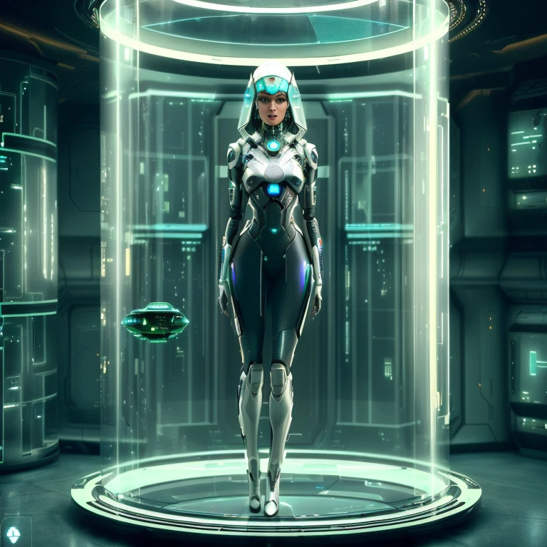 Arabian woman in a glass case in a futuristic room, humanoid woman, Holograms hovering around her, SF Android Female, Biopunk futuristic wardrobe, SF Women, Female Android, SF Women, retrofuturistic Female Android, Beautiful android woman, Hybrid humans/tank, beautiful Female Android, Cyborg - Girl, Cyborg Girl, I was standing inside a futuristic laboratory.