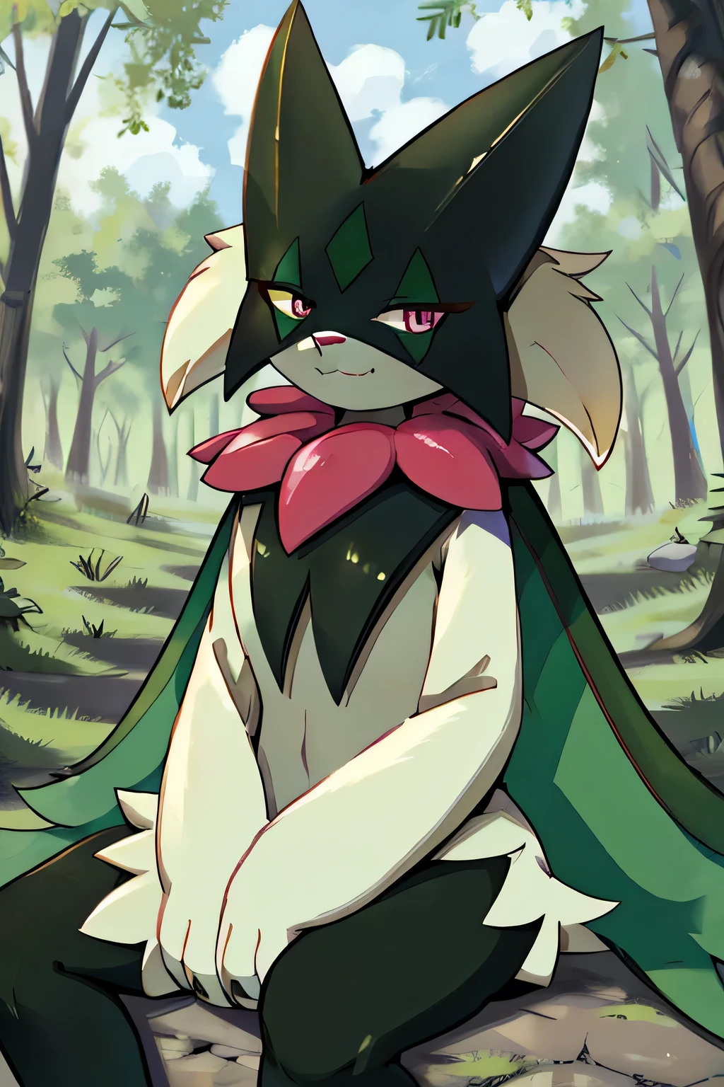 Masterpiece, Medium full shot Portrait, The best quality, the highest picture quality, Detailed, Meowscarada, Pokémon, short snout, detailed eyes, forest background, day, female, solo, sarcastic smile, sitting in a tree, looking down