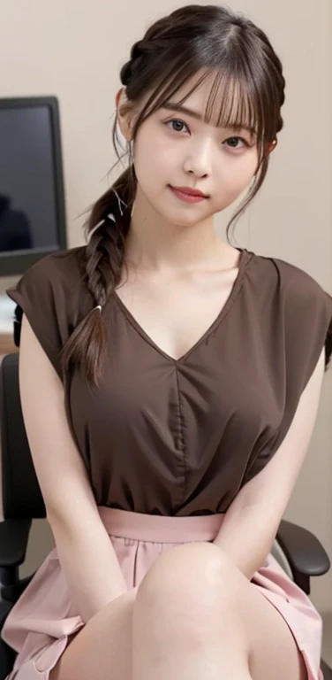 masterpiece、highest quality、8k，Ultra-high resolution、RAW Photos、Ultra-high resolution、日本people、beautiful girl、１people、woman, (Braided top knot,Twisted Side Part Ponytail Braided Headband,Half Up、Braided Space Van,Voluminous fishtail braid,Twisted pan),(Asymmetrical bangs)、 (Ultra-realistic),Round face、 Fine and beautiful eyes、double eyelid、Thin eyebrows、(eye shadow(Shrimp brown))、Rich dreamy make-up、Thin lips, (Loose fitting blouse)、 (Micro Mini Skirt(bright pink color))、A kind smile,  Professional photography, Cinematic Light, (Very beautiful face: 1.2),(Large Breasts:1.2)、Saggy breasts、Cleavage、Exposed thighs、Voluptuous thighs、Smooth calves、、daytime office、In front of the computer、sitting in an office chair、Head to knee photo