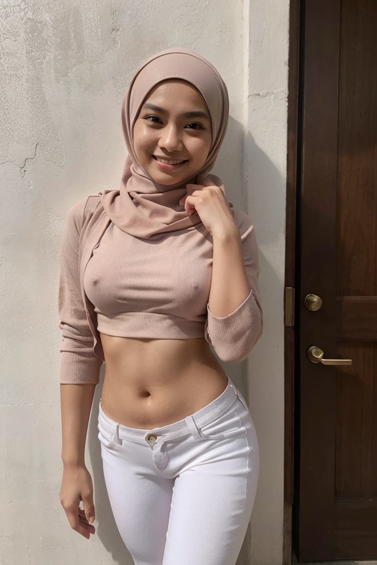 Nude 24 year old age malay woman with hijab,wearing midriff shirt,wearing handsock,tight pants,closed mouth,smiling