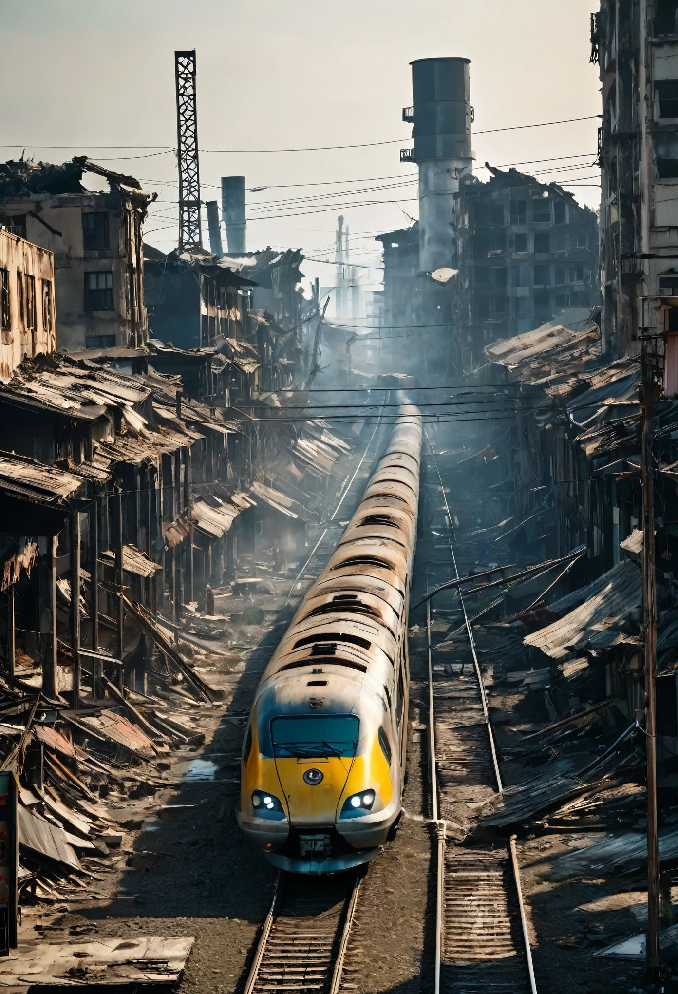 diagonal image of a dirty and rusty bullet train in a post-apocalyptic city, there are many ruined buildings around and in the background, he is passing between destroyed houses and buildings in ruins, o trem tem dois andares, he is crossing between houses and metal buildings, post apocalyptic environment, the train passes through a destroyed industrial area with tall metal towers belching smoke 