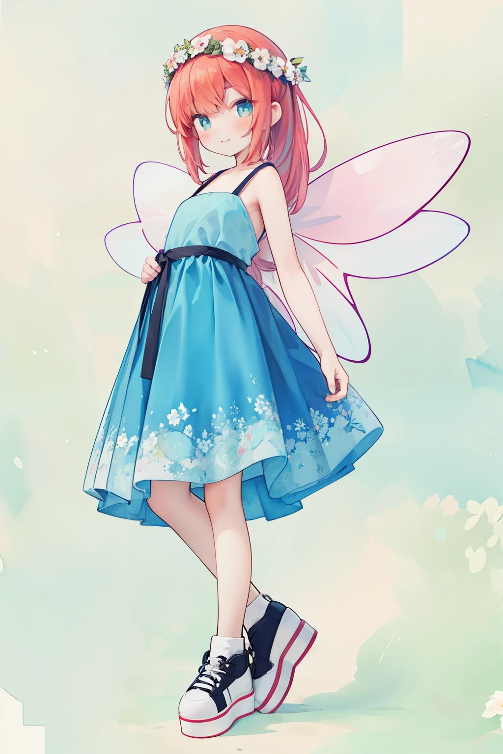 Realistic Lines：1.0、Ultra-high definition depiction、Pastel Watercolor、redhead, 1 girl, Four fairy wings on his back、summer👗、ハート型のsummer flowerwreath background:1.0、white, high ponytail、platform sneakers、smile、Up from the side