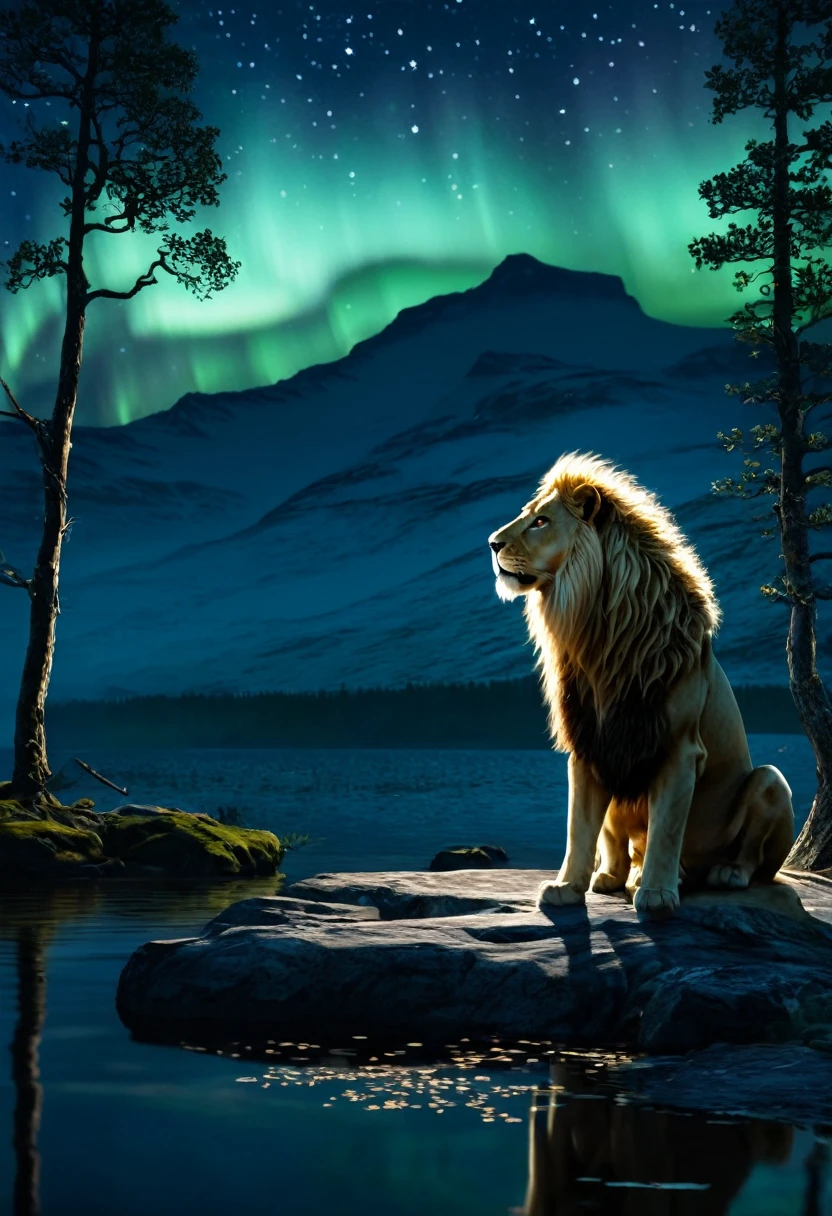 In the heart of a moonlight, Floresta antiga, a lone Valkyrie kneels beside a serene lake. The water mirrors the night sky, dotted with constellations. Ao redor dela, ethereal, runas brilhantes flutuam suavemente no ar, casting a soft light on your armor. The scene is shrouded in profound silence, quebrado apenas pelo distante, chamados assustadores de criaturas noturnas. acima, the northern lights dance solemnly, reflecting her grim expression as she gazes upon the souls of the fallen warriors she is destined to guide to Valhalla. The forest around you is beautiful and melancholic, imbued with a sense of timeless reverence and a deep connection to ancient Norse legends, your hair is long and curly, sua pele morena, at his side a large and protective lion guards. 