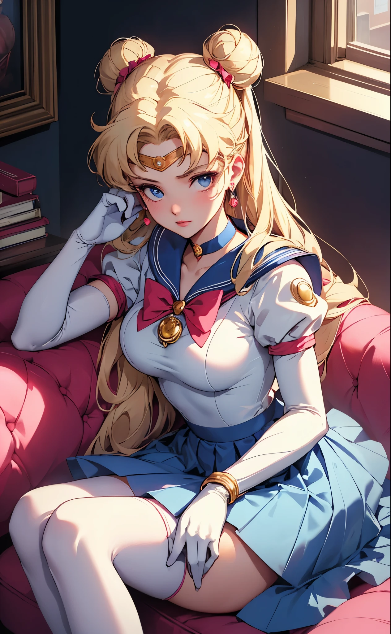 (masterpiece),(sailor moon) (risograph) best quality, full-body shot, expressive eyes, perfect face, medium breast, good breast, beautiful, gorgeous ,sitting on a couch, blonde, medium shot, indoors, lab, cleavage, aausagi, double bun, twintails, parted bangs, circlet, jewelry, earrings, choker, red bow, white gloves, elbow gloves, blue skirt, feminine, blushing,