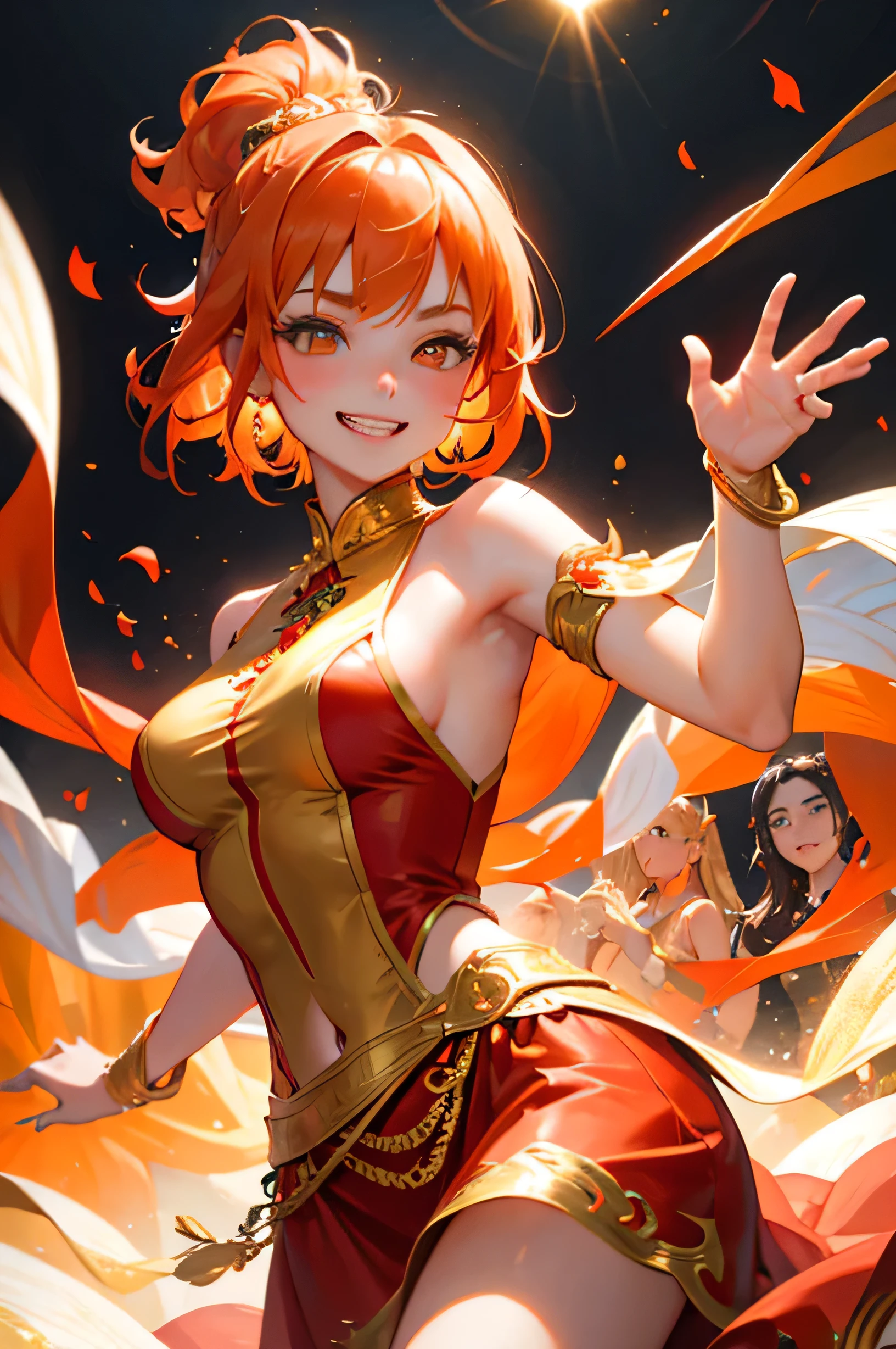 masterpiece, highest quality, so beautiful、Latest、girl, Orange Hair, short hair, Golden Eyes, Rebellious grin、Asian Fantasy Red Costume、Bollywood、Bold Pose、Spread your hands、dance、Decoration、sing、Red outfit、Gorgeous and luxurious、gorgeous、party、Intense Dance