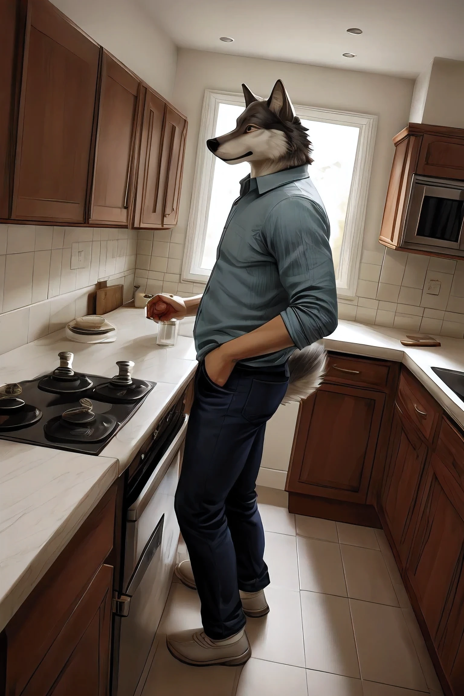 handsome Wolf solo , Casual Clothing,dutch angle ,kitchen room