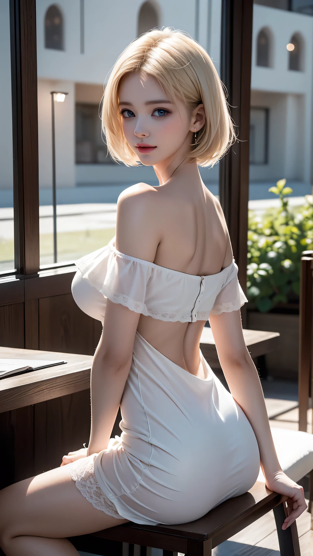 ((Girl sitting on chair in library))、(Rear view)、(look back)、Best quality work,Actual work,Ultra Premium Graphics,8K HD CG Works,High quality graphics,High-definition CG works,10x pixels,Extremely fine detail:1.1,Advanced Technical Details:1.1 Photorealistic,Indoor lighting effects:1.5,Natural light:1.5. Light effects(virtual Light effects:1.8),((Golden white short hair))、(Bob Hair), Thin eyebrows,High nose, Nice red lips, Rose Cheeks, A face with subtle makeup , Cute face, perfectly balanced face,(),A light-toned foundation enhances the clarity of your skin.、,((Off-the-shoulder pure white dress)). 40k, photograph, Tabletop, highest quality, Rainy background, ((1 Beautiful eyes light haired girl, White skin, Various poses.((Medium sized breasts,:1.1)), highest quality, Tabletop, Ultra-high resolution, (Realistic:1.4), RAWphotograph, (Perfect figure), (slim:1.3), Slim abdomen, Perfect slim figure, Dynamic Pose, alone, Cold light 12000K, Very detailed facial and skin texture, Fine grain, Realistic eyes, Beautiful fine grain, (Realistic Skin), Charm, 超A high resolution, Surreal, Very detailed、