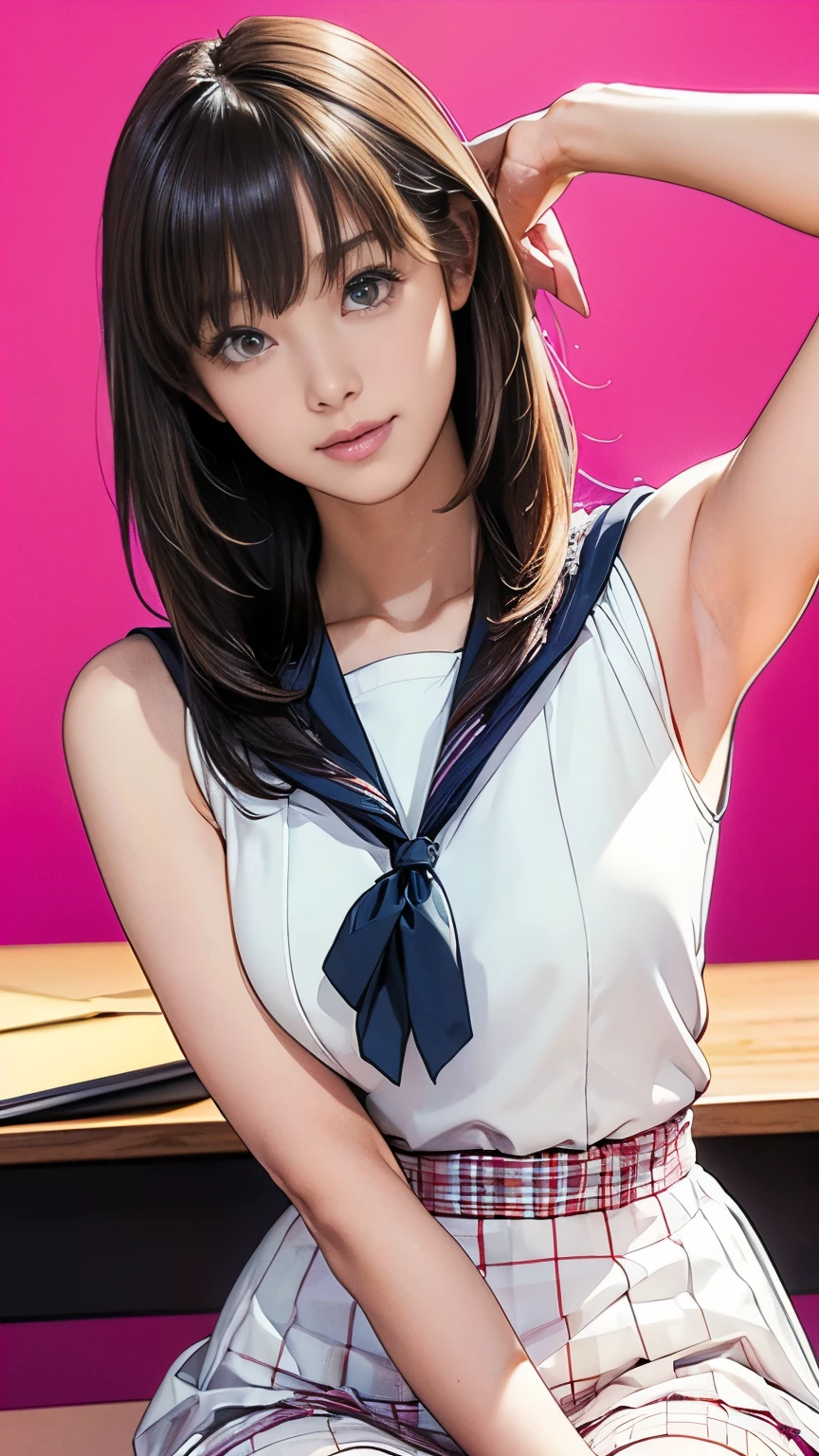 Highly detailed CG Unity 8k wallpaper, Very delicate and beautiful, Shockingly, Finely, official art, absurd, incredibly absurd,  Ultra Detailed,The light shines on your face,Looking at the audience, (perfect woman image), Slimウエスト, Full Body Esbian,  permanent, ((Sailor Suit, Plaid skirt, Collared shirt, abdomen, Open your clothes, sleeveless tops)), bare arm, Bangs, (best quality, 4K, On the table: 1.3), Beautiful Japanese Araphi woman、1５age、Surreal, 1 girl,The face is rich in detail,Lip detail, Beautiful eyes,double eyelids, (Beautiful and delicate lips),Sexy face、Light brown hair、Medium Length Hair、(Seductive figure: 1.2), (Thin waist:1.1)、Flowing hair、((Solitary))、 Half-smile, Color Background, Looking at the audience,big breasts Thin waist,Movie Lighting, ((15ageの女の子, Slim, Thin waist, Thin thighs, Thin arms)), ((Raise your arms, Expose your armpits))