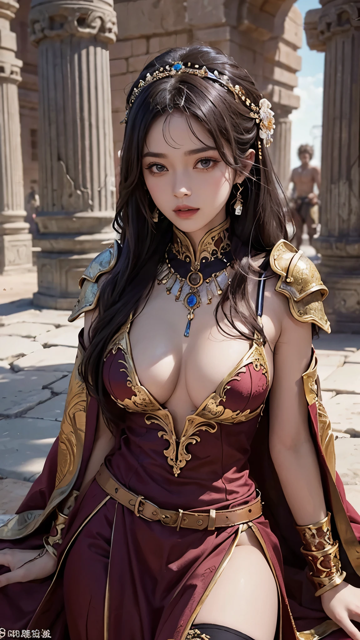 8k,High -level, absurd, masterpiece, best quality, primitive, very detailed CG, very detailed wallpaper, perfect lighting, Jitome, lips, makeup, desert, broken temple, wh_chi_armor,