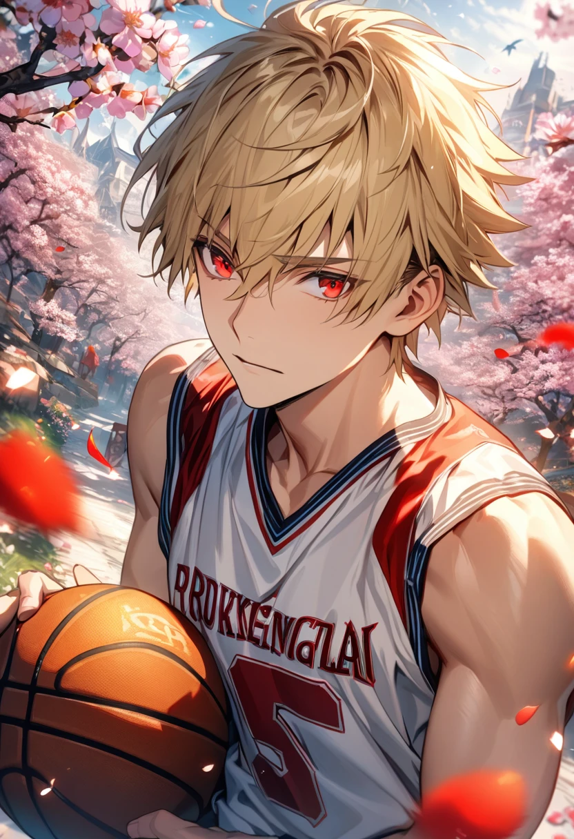 absurdres, highres, ultra detailed, HDR, masterpiece, extremely detailed face and eyes, Gilgamesh, blond hair, short hair, expressive red eyes, Fate Grand Order, solo, sexy man, handsome, basketball uniform, spring, blossoms, petals, birds