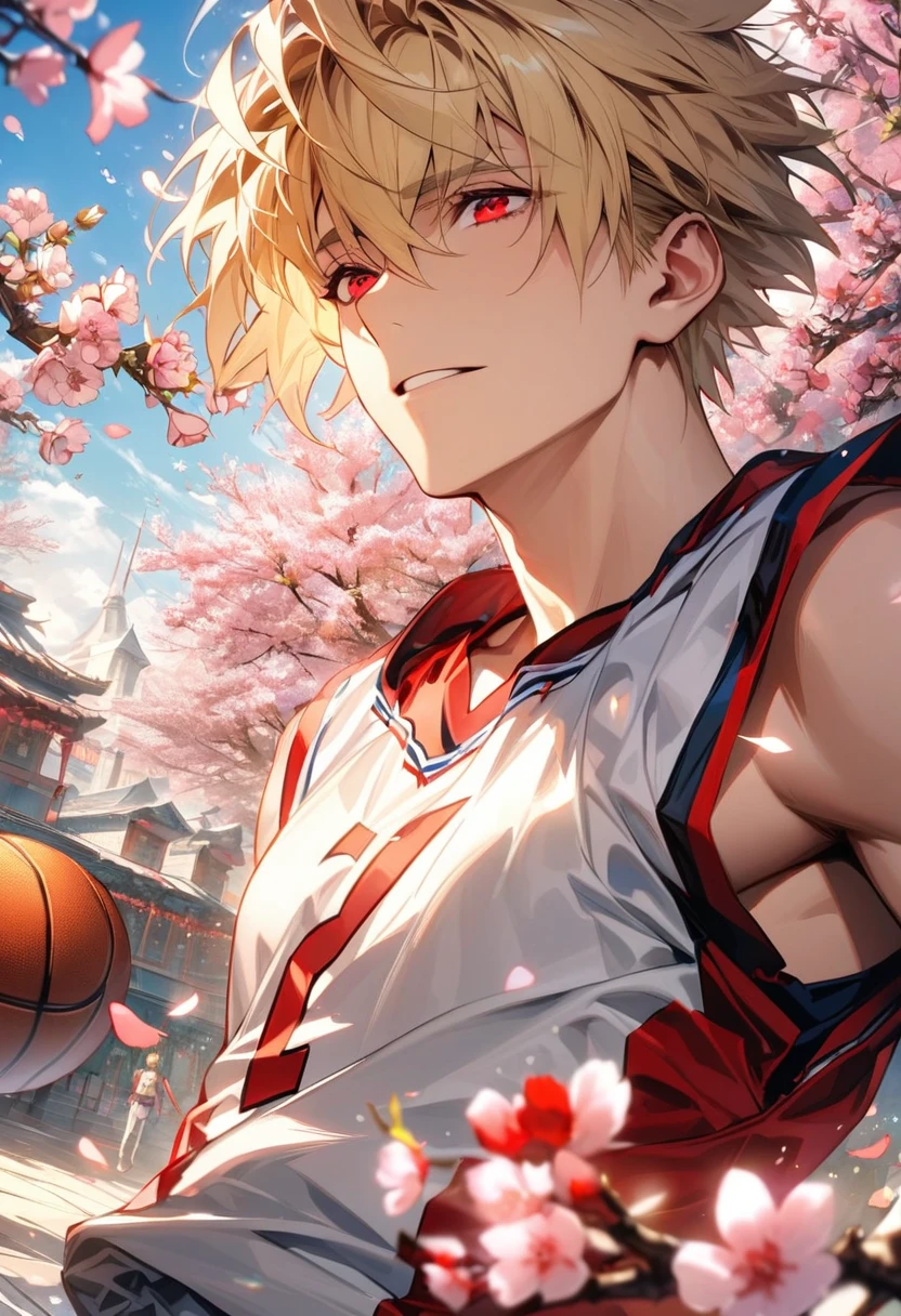 absurdres, highres, ultra detailed, HDR, masterpiece, extremely detailed face and eyes, Gilgamesh, blond hair, short hair, expressive red eyes, Fate Grand Order, solo, sexy man, handsome, basketball uniform, spring, blossoms, petals, birds
