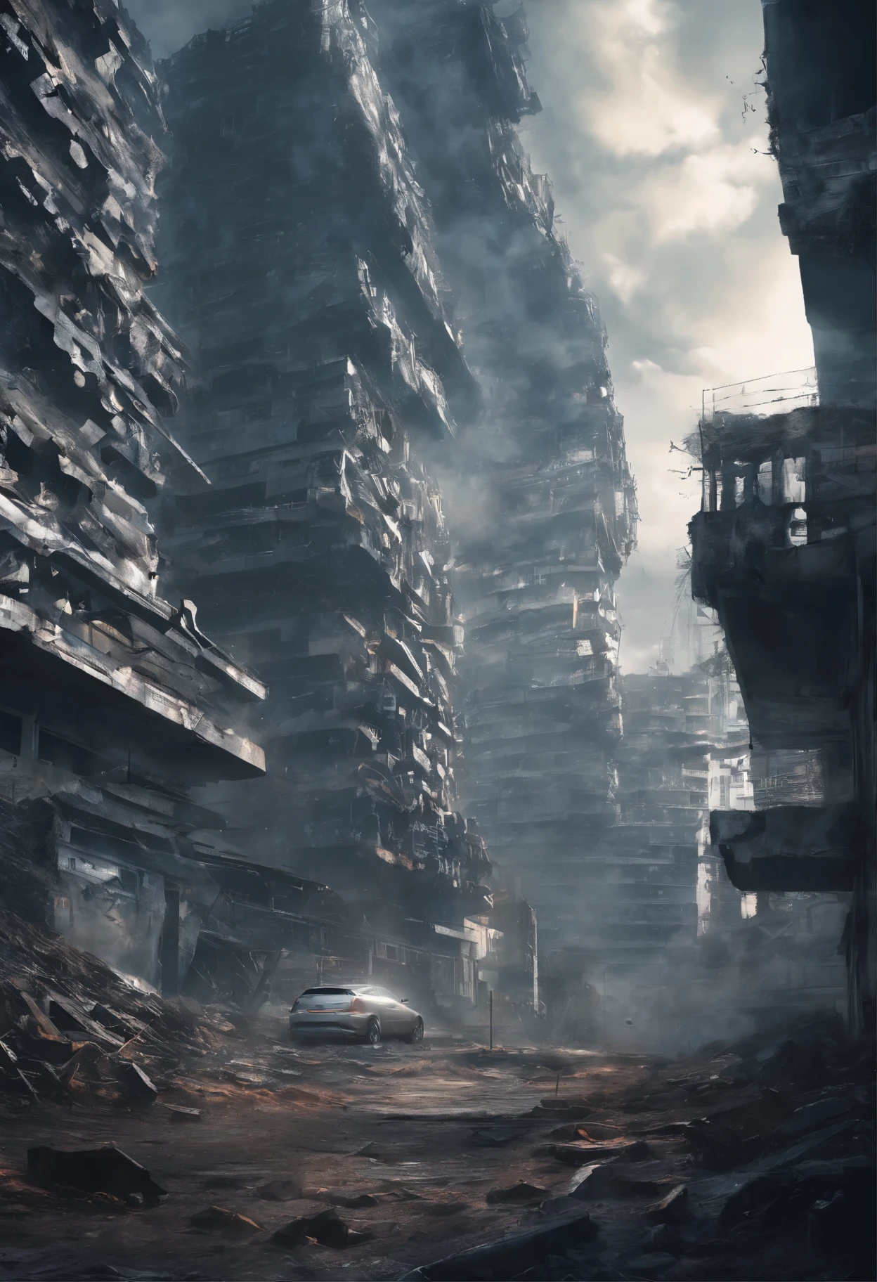 image taken from behind the shoulder of a GIRL with her back turned and DRESSED IN A HOOD from a balcony of a ruined futuristic building, She is looking at an aerial view of an ultra-futuristic North American megalopolis, distopia, ruined buildings, apocalypse moderno, view of the entire city with many metal buildings and houses in dark colors from dark blue to black and in ruins, the apocalyptic city has shades of metal gray, has smoky metal structures , apocalyptic industrial environment with smoke and fog around, carros escuros nas ruas, desert megalopolis, trilhos e trens modernos de de metal passando estre as ruas da cidade, tall futuristic metal buildings, many ultra modern buildings around, , as realistic as possible, As detailed as possible, Science fiction
