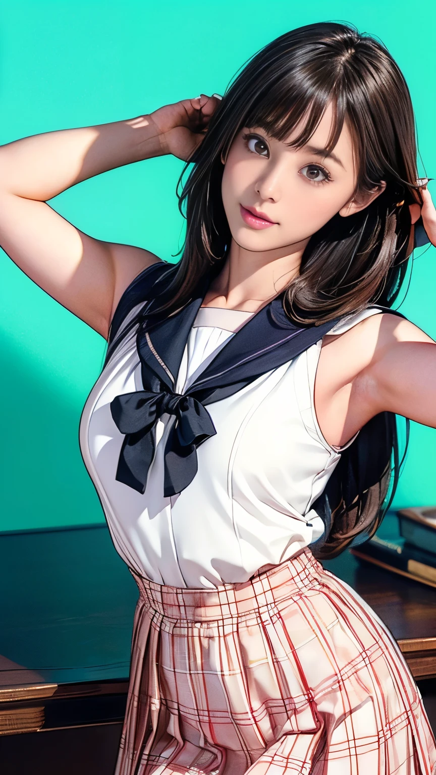 Highly detailed CG Unity 8k wallpaper, Very delicate and beautiful, Shockingly, Finely, official art, absurd, incredibly absurd, Ultra Detailed,The light shines on your face,Looking at the audience, (perfect woman image), Slimウエスト, Full Body Esbian, permanent, ((Sailor Suit, Plaid skirt, Collared shirt, abdomen, Open your clothes, sleeveless tops)), bare arm, Bangs, (best quality, 4K, On the table: 1.3), Beautiful Japanese Araphi woman、15age、Surreal, 1 girl,The face is rich in detail,Lip detail, Beautiful eyes,double eyelids, (Beautiful and delicate lips),Sexy face、Light brown hair、Medium Length Hair、(Seductive figure: 1.2), (Thin waist:1.1)、Flowing hair、((Solitary))、 Half-smile, Color Background, Looking at the audience,big breasts Thin waist,Movie Lighting, ((15ageの女の子, Slim, Thin waist, Thin thighs, Thin arms)), ((Raise your arms, Expose your armpits))