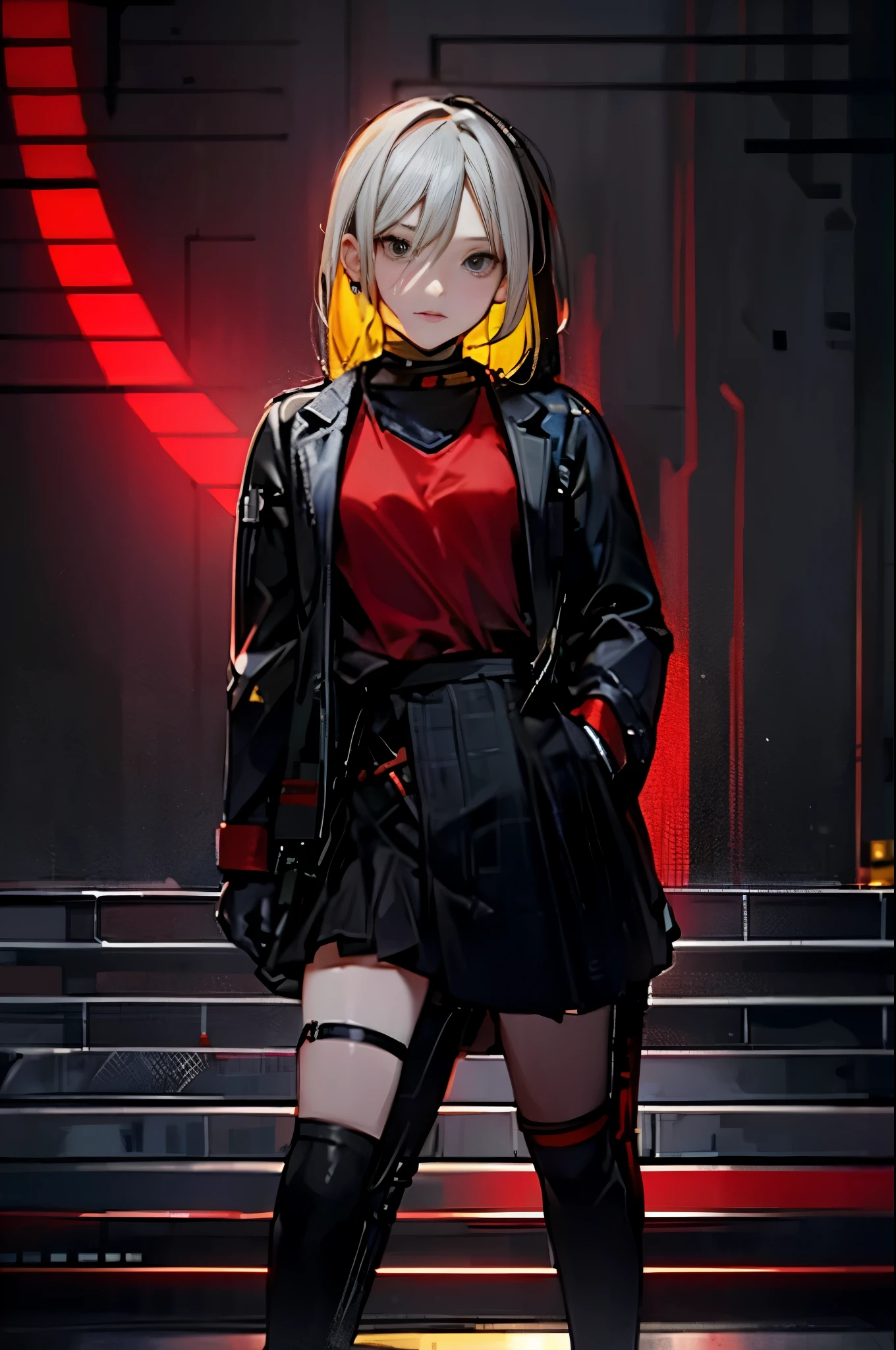 Full body concept art of a young girl with messy medium-length black and yellow hair, Grey Eyes, Red scarf, Black sci-fi armor with yellow patterns, Yellow skirt with black check pattern, White assault rifle and thigh-high stockings; Video game style background