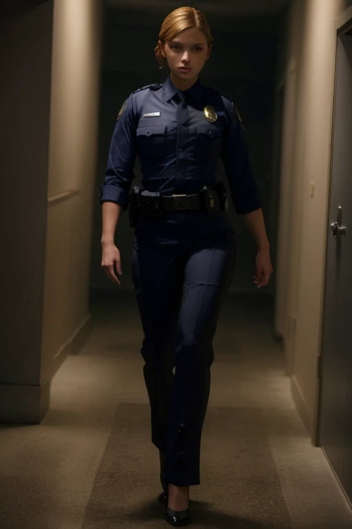 full body photo of KristannaTX, best quality, accurate face, perfect face, perfect body, perfect eye, ((sharp focus)), professional photograph, masterpiece, absurdres, 8k, highly detailed, cinematic lighting, wears a Los Angeles police uniform, in a bright corridor