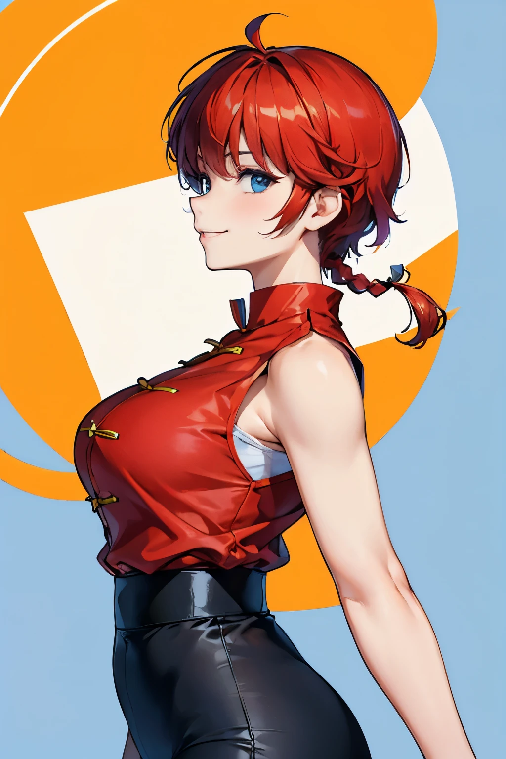 ((masterpiece)), high quality, very_high_resolution, large_filesize, full color, heavy outline, clear outline, colorful, (beautiful detailed eyes), (beautiful face:1.3), (boyish face:1.3), 1 girl, (femaleranma), (red hair), short hair, (braided ponytail), ((bangs)), bumpy bangs, blue-gray eyes, big breasts, curvy, femaleranma, braided ponytail, (red chinese clothes), sleeveless, tangzhuang, black pants, cameltoe, standing, upper body, ((from side:1.4)), ((portrait:1.8)), ((face focus:1.4)), (Halloween Vampire Theme:1.3), Scary monsters, Upper body photo (elegant) Vampire woman standing on the roof under the red full moon, Vampire Fangs, ivory, Let me see your fangs, Wearing an orange Halloween costume, (The fusion of orange sailor suit and work pants:1.3), (Orange themed clothing:1.3), wear glasses, shut up,(Smiling eyes:0.2),looking at the audience, (on the table, best quality:1.2), absurdists, Perfect work of art, Popular on artstation, Very detailed, fine, (current, Reality:1.37), portrait, There is light on the face, Delicate face, night, night situation, night time, (moonlight:1.3), Tentacle crawling、current, Super sharp, Super detailed, Bob short hair, ppixie hair, Parted bangs,huge , Crazy breast swelling, Chest larger than shoulder blades, Big breasts and thin waist，(huge breasts:1.2)，Hydrated skin（（rogue））（（Very huge breasts）），（（Grooves reveal original skin））vintage comic style, ((perfectly standing at front)), highres, best quality, masterpiece, masterpiece, super high quality, Beautiful details, Very detailed,16K, Exquisite, Absurd, High resolution, Beautiful background, Beautiful Eyes, Beautiful Skin, Anime Style, One girl, alone, View your viewers, Focus on the upper body, :1.5))), Huge breasts, Big Ass, red_hair, single braids BREAK Ranma red_shirt, Ranma Black_pants, black_Kung Fu_Blake Camel Toe Shoes, Cheeky Smile, Open your mouth wide, Double teeth, Cheeky girl, Dynamic pose, ( Raise one leg high and kick: 1.3), (I-shaped balance: 1.1), Fine hand, Detailed feet, Perfect Anatomy, (Drops of sweat: 1.5), Outdoor, loose, Taoyuan Gap,