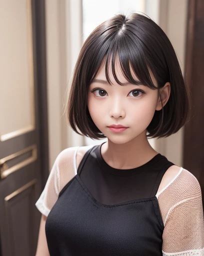 highest quality, Ultra-high resolution, (real: 1.4), beautiful Eyes, Super beautiful, Very short hair, beautiful, lover, Chubby T-shirt, beautiful Soldier, Captivate the audience'eye, spouse'Perspective, inviting expression, Sexy smile, Perfect Style, Perfect balance, Delicate skin, Naughty look, I can see your chest