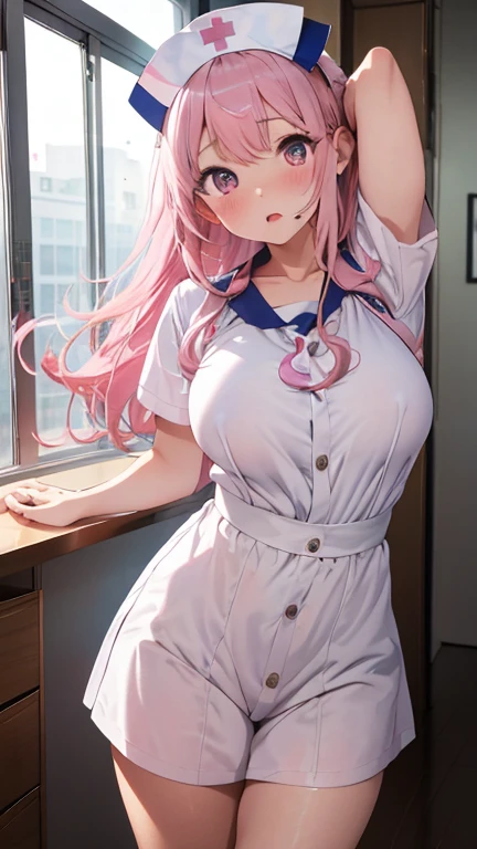 masterpiece、highest quality、Very detailed、Photograph the upper body、1 female、(Put your arms behind your back:1.2)、Are standing、Turn your body forward、View your viewers、(Classic nurse outfit、Nurse cap)、blush、shy、Pink Hair、Open your mouth、Hospital room、Big Breasts、