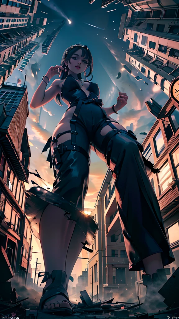 (16k, High resolution, highest quality, masterpiece, 超High resolution), ((Giantess Elements, From below)), Perfect dynamic composition:1.2, (Modern city at night), Highly detailed skin and facial textures:1.2, (Towering Giant Young Woman:1.0, taller than a skyscraper:1.0, 50,000 feet high:1.0, Incredibly slim body:1.0), smile, Fair skin, Sexy beauty, Very beautiful face, (近づいてくる女性をFrom below見上げる), (Wide leg jumpsuit), Shapely breasts, Chest gap, Big eyes that exude beautiful eroticism, Lips that exude beautiful eroticism, necklace, Earrings, bracelet, wedding ring, Shoulder bag, clock, ribbon, Trampling, Full body portrait, ((Destroy a small town, rubble, Destroyed small building, Collapsed highway, Cars are crushed, Evacuated residents)), (Big impact, Emphasizing the majesty and power of giants, Increase the destructive element, Making cities smaller)