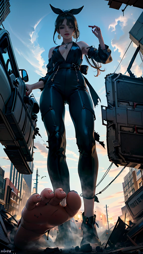 Ground View,giantesscity,giant girl 500 feet high,skyscrapers,Have a pair of ultra long legs,stepping in the crowd,many people in street,a pair of huge breasts,Princess,mini skirt,black silk socks,Has black waist-length hair,Wearing a pair of Mary Jane heels,A look of enjoyment,standing on a ruins,Beautiful appearance,Exquisite makeup,quality,8k,高quality,Perfect proportion, Cinema lighting,film grain,Fuji colors,8k,textured skin,Super details,high detail,high quality,high resolution,explode,fake smile