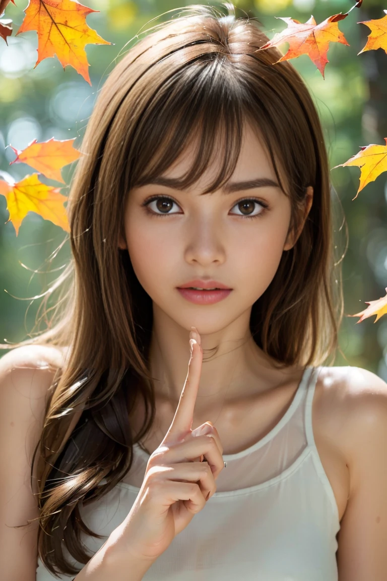 ((Whole body 1.4),1 Female, Light brown hair, Blunt bangs, Hair behind the ear, Hair that falls over the shoulders, Long Hair, Slim figure, Ultra Fine Face, Thin face, Delicate lips, Beautiful Eyes, Light blush, eyes are light brown, Perfect glowing skin, Perfect Skin, Shining Sweat,Have a look at this, Ultra-thin needle, Very thin fingers:Realistic:1.3), (Autumnal Forest:1.4), Fujifilm, 8k, Whole body 1.4, Hmph, Super Detail, high quality, 最high quality, High resolution, ((Don&#39;t show your fingers))、Golden Hour　Beautiful light,  (White camisole)、((Checked mini skirt)) (Medium Size:1.4) (((positive image:1.3)))