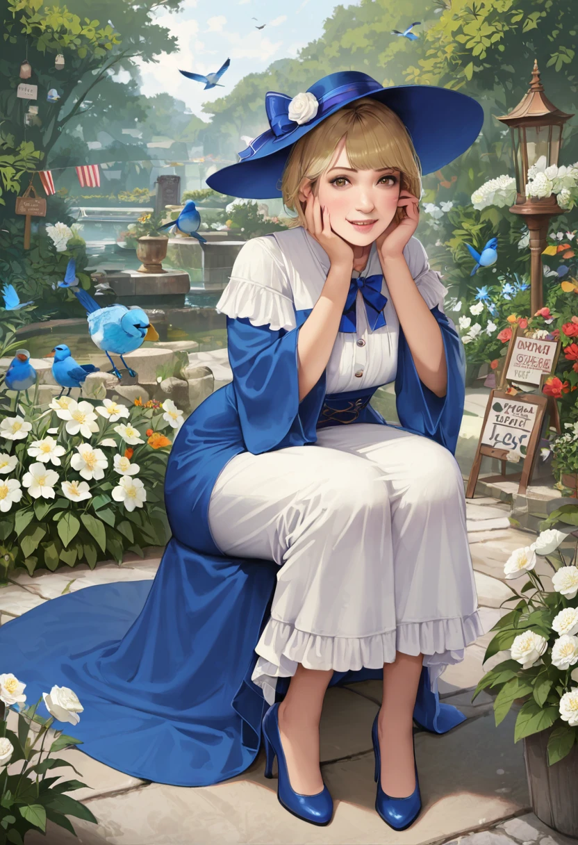 {{masterpiece、highest quality、(((Realistic、Realistic:1.37)))、8K quality}}, Uekura, 1 girl, Blonde, Well-kept garden background, have, dress, Blue footwear, wing, Simple Background, sign, flower, Manicure, Wide sleeves, Long sleeve, blush, animal, white flower, alone, whole body, bird, Looking at the audience, High heels, Put your hand on your cheek, Put your hands on your face, Frills, bow, bangs, ribbon, Bell, Blue hat, +_+, shoes下, short hair, Grey Eyes, shoes, Blue Claws, feathered wing, blue bow