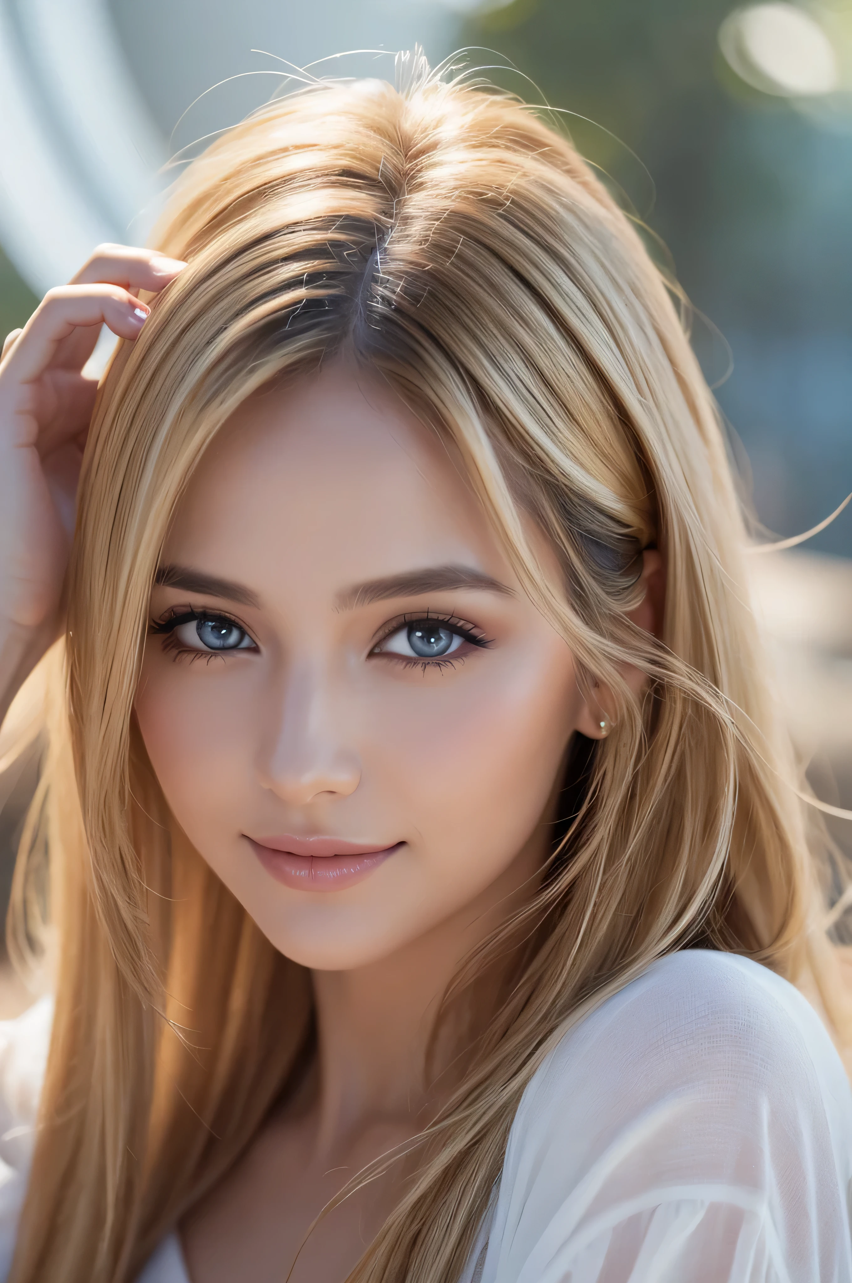 Suave retrato de una hermosa mujer rubia, cabello dorado que fluye, cautivadores ojos azules, facciones delicadas, sonrisa radiante, maquillaje natural, vestir elegantemente, gentle expression, rubor sutil, Warm skin tones, ethereal lighting, sombras suaves, high-resolution digital painting, estilo realista, artistic interpretation, by a skilled portraitist.