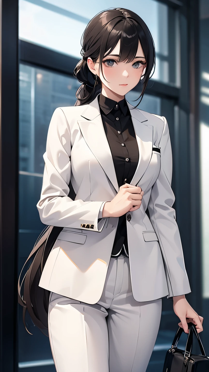 ((masterpiece)), (textured skin), ((high details)), best quality, award winning, 8k, ((beautiful woman)), beautiful lady in male clothing, gray suit, tie, white shirt, (three-piece suit), British gentleman style, black hair, swept bangs, long hair, low ponytail, at office