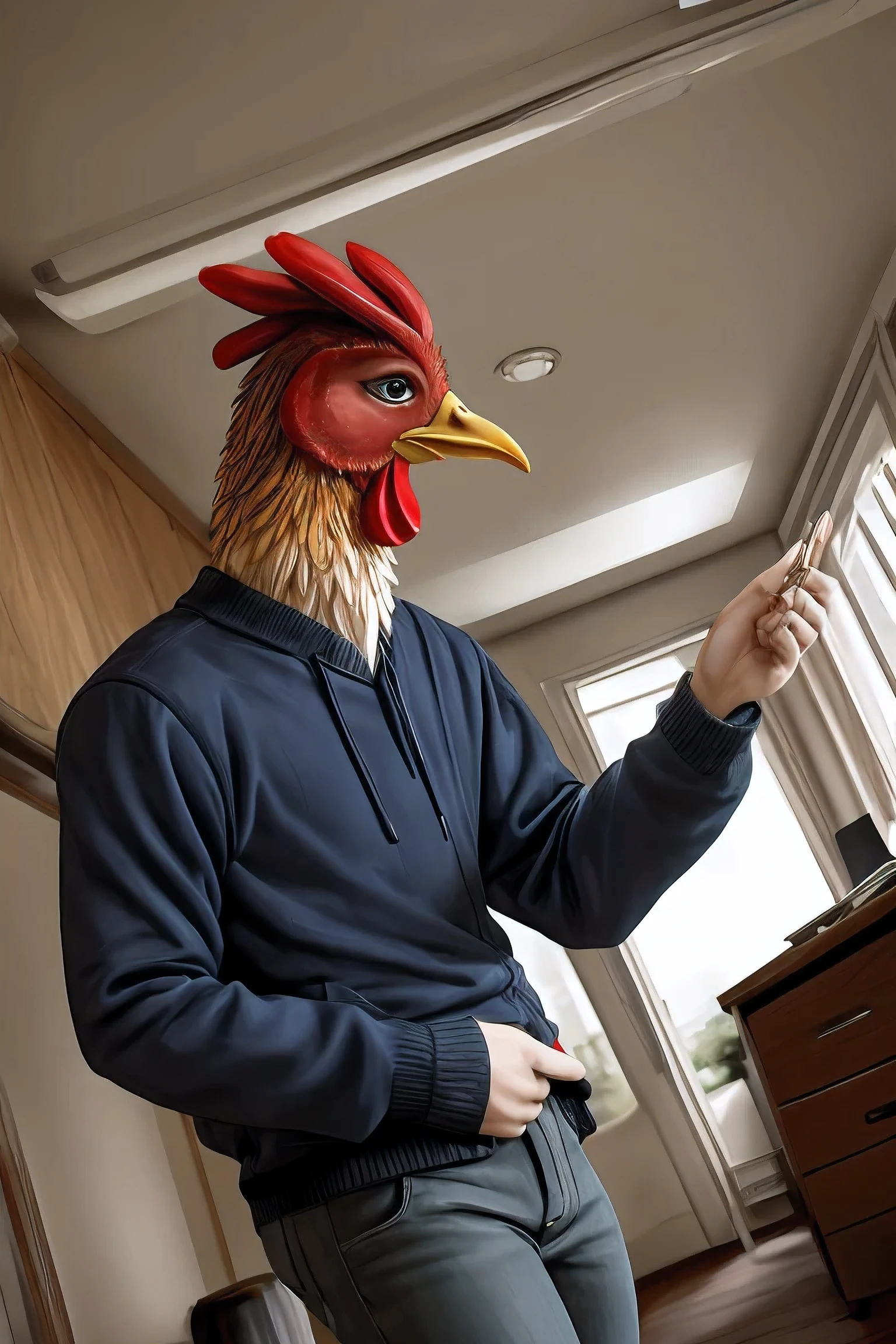 handsome Chicken solo , Casual Clothing,dutch angle ,Bedroom
