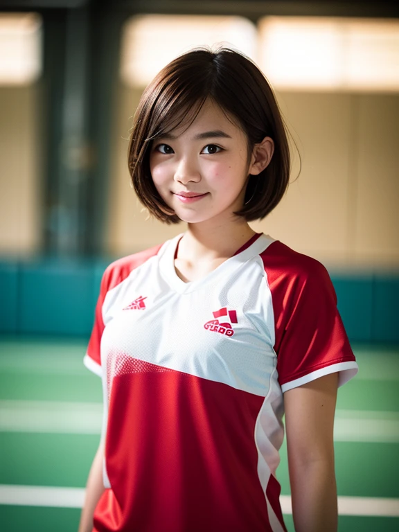 ((((whole body 1.4)))),1 girl, masterpiece,best image quality,13 years,  smile, beautiful eyes, perfect eyes, beautiful lips, perfect lips, short hair, Cut the seat ,volleyball player red uniform,Hot pants style,Moriman,backwards,Face this way,,perfect face, Angelic,Idol, super realism,surreal, Japanese girl film grain, Gym
