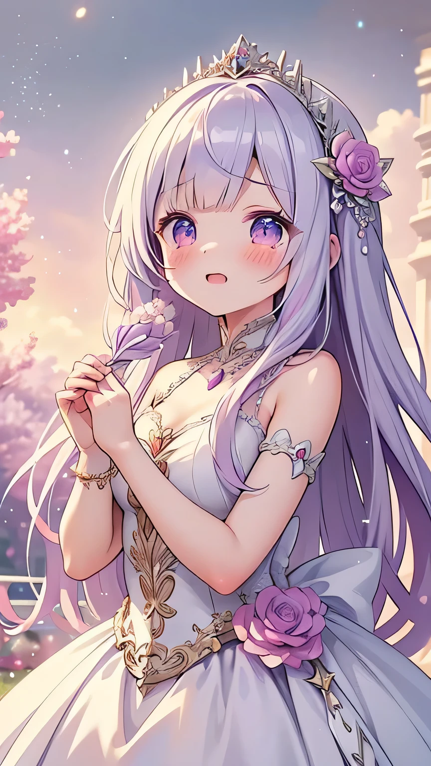 Super High Resolution Super Quality、anime、Zoom in Enlarge Colorful flowers、tears 、Fantasy、High quality texture of the clothes, princess dress, luxurious pure white wedding dress, dress with sparkling jewels, silver decoration, platinum, joy, beautiful girl has a nice body, spring, lilac hair, purple eyes, upper body, snap 