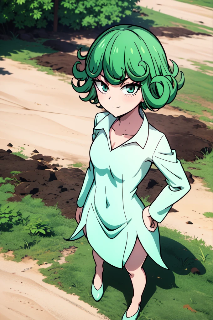 absurdres, highres, ultra detailed, tatsumakitornado, short green hair, curly hair, white sun dress,outdoors, green eyes ,full body ,looking up at veiwer, blushing ,standing,smile