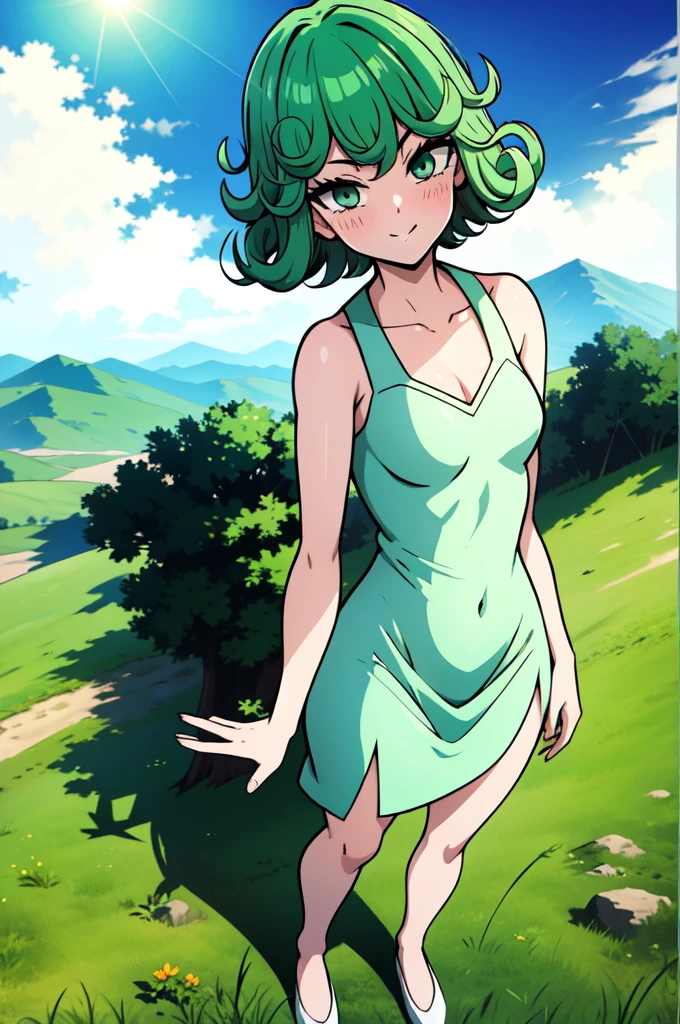 absurdres, highres, ultra detailed, tatsumakitornado, short green hair, curly hair, white sun dress,outdoors, green eyes ,full body ,looking up at veiwer, blushing ,standing,smile